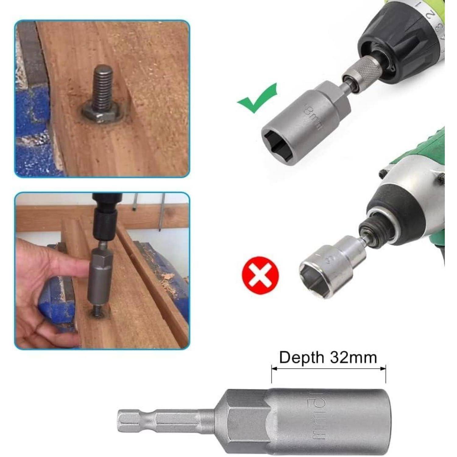 Abbildung zeigt die korrekte Verwendung eines Steckschlüssels auf einem Bolzen, mit einem grünen Häkchen für die richtige Tiefe und einem roten X für einen unsachgemäßen Sitz; Tiefe mit 32 mm beschriftet.