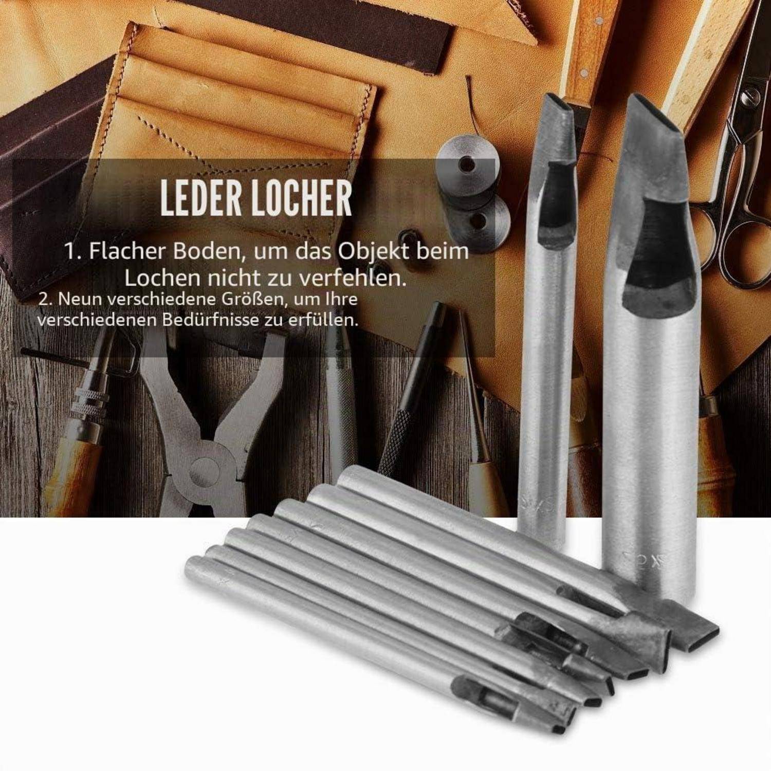 Lochersatz aus Leder mit mehreren zylindrischen Lochern und einer Anzeige mit der Aufschrift „LEDER LOCHER", die flache Böden und neun Größen zum Vermeiden von Fehlern hervorhebt.