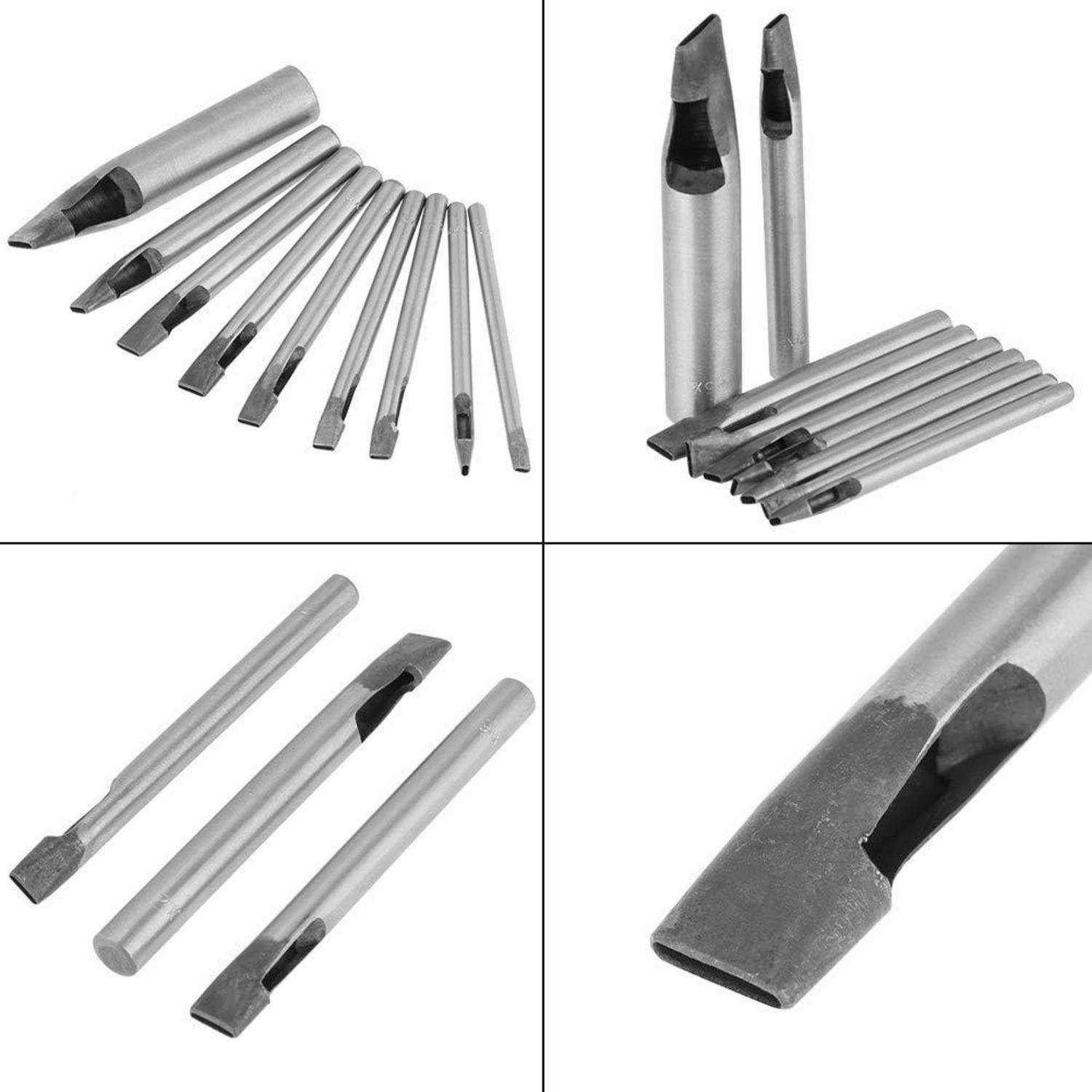 Collage von Metallschraubenausdrehern und Bohrern in verschiedenen Größen, einschließlich Nahaufnahmen der konischen Werkzeugköpfe.