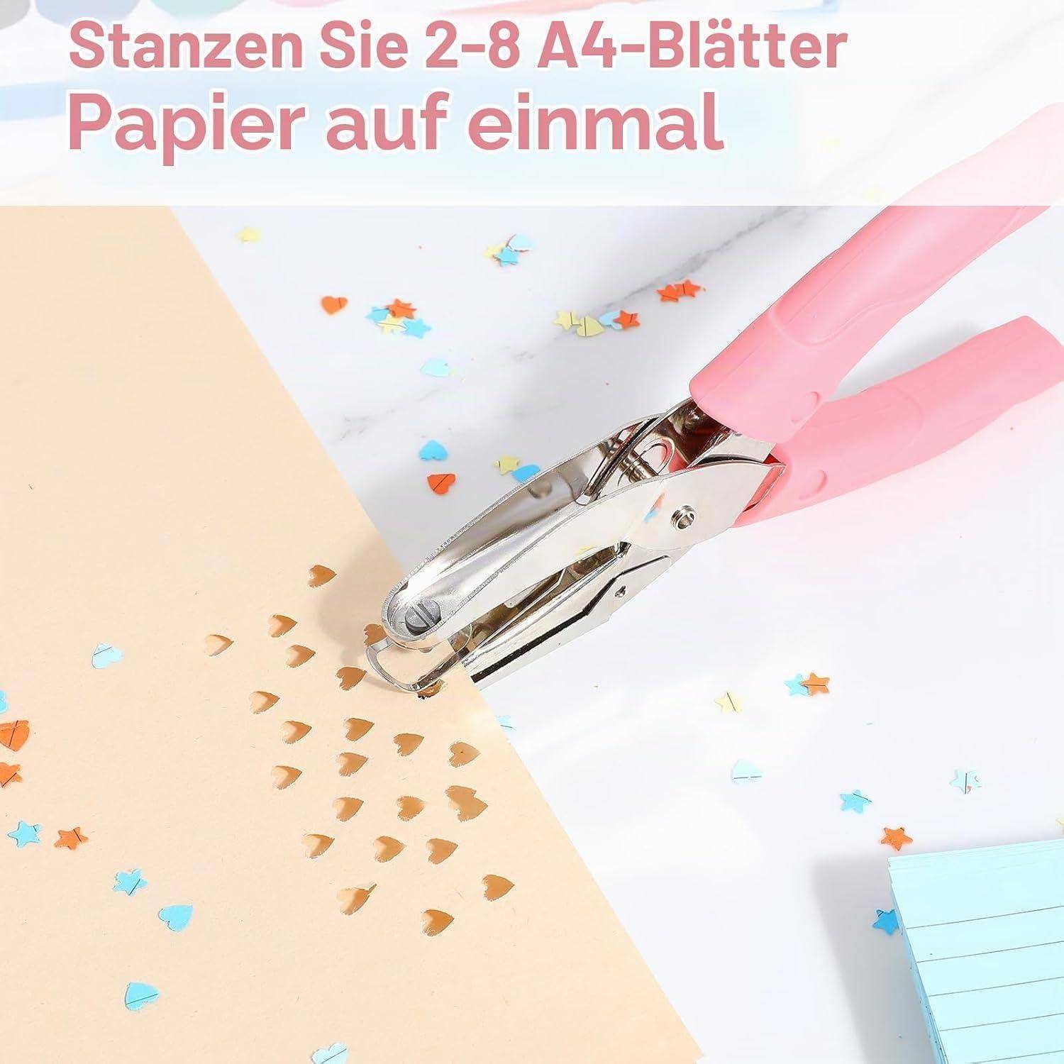 Rosafarbener Locher, der herzförmiges Konfetti aus Papier macht, mit deutschem Text „Stanzen Sie 2-8 A4-Blätter Papier auf einmal" als Werbung für das gleichzeitige Lochen von 2-8 A4-Blättern.