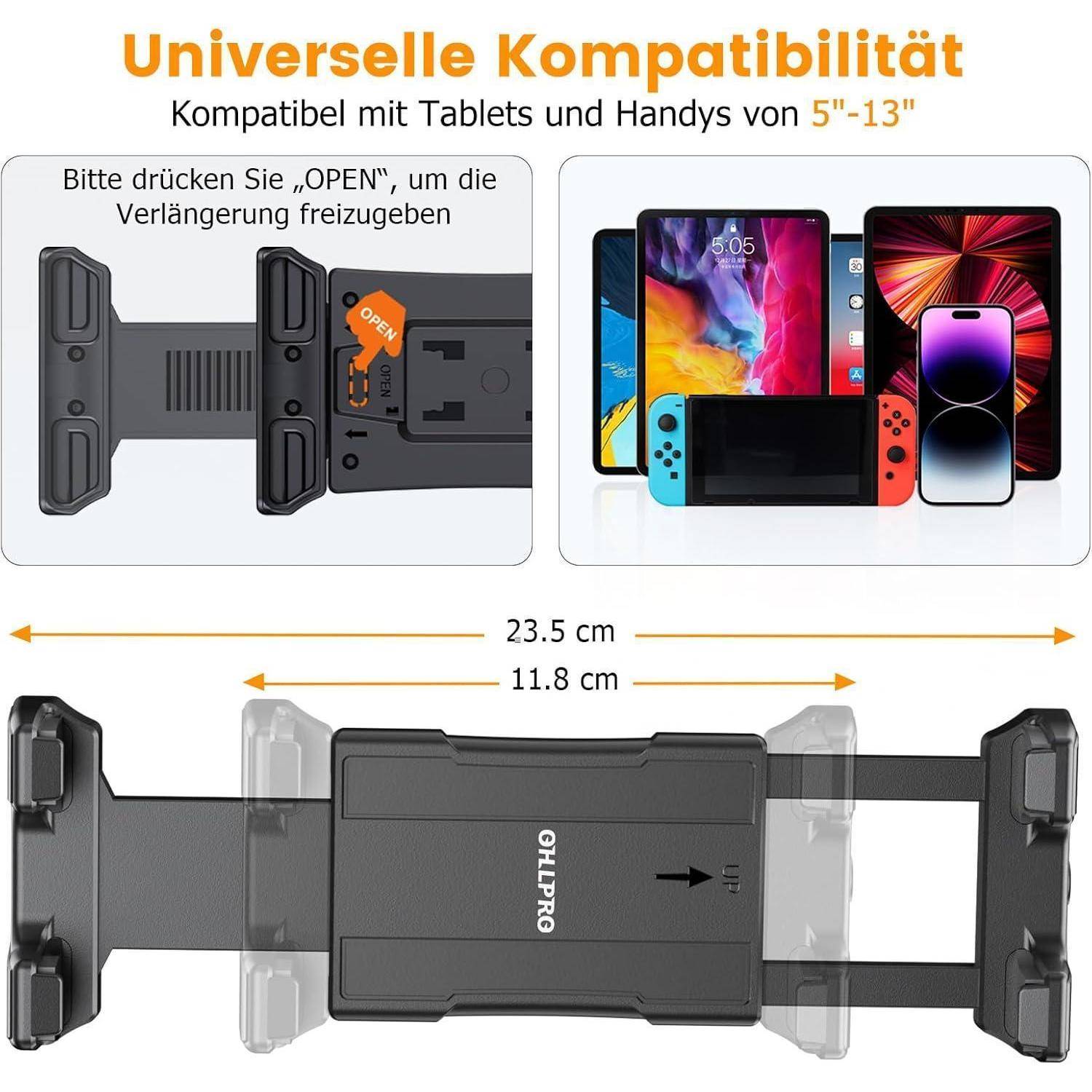 Produktgrafik für eine universelle Tablet- und Telefonhalterung, kompatibel mit 5-13 Zoll Geräten, mit einer OFFENEN Freigabetaste und verstellbarer Breite bis zu 23,5 cm oder 11,8 cm.