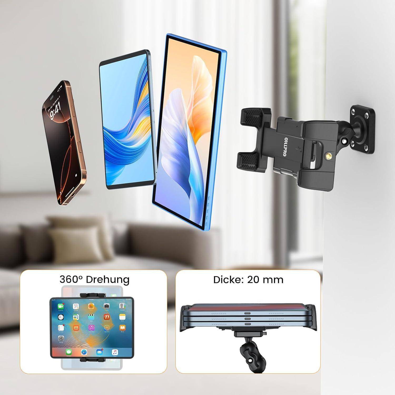 Wandmontiertes verstellbares Gerätehalter mit 360-Grad-Dreharm, 20 mm Dicke und Unterstützung für Telefone und Tablets.
