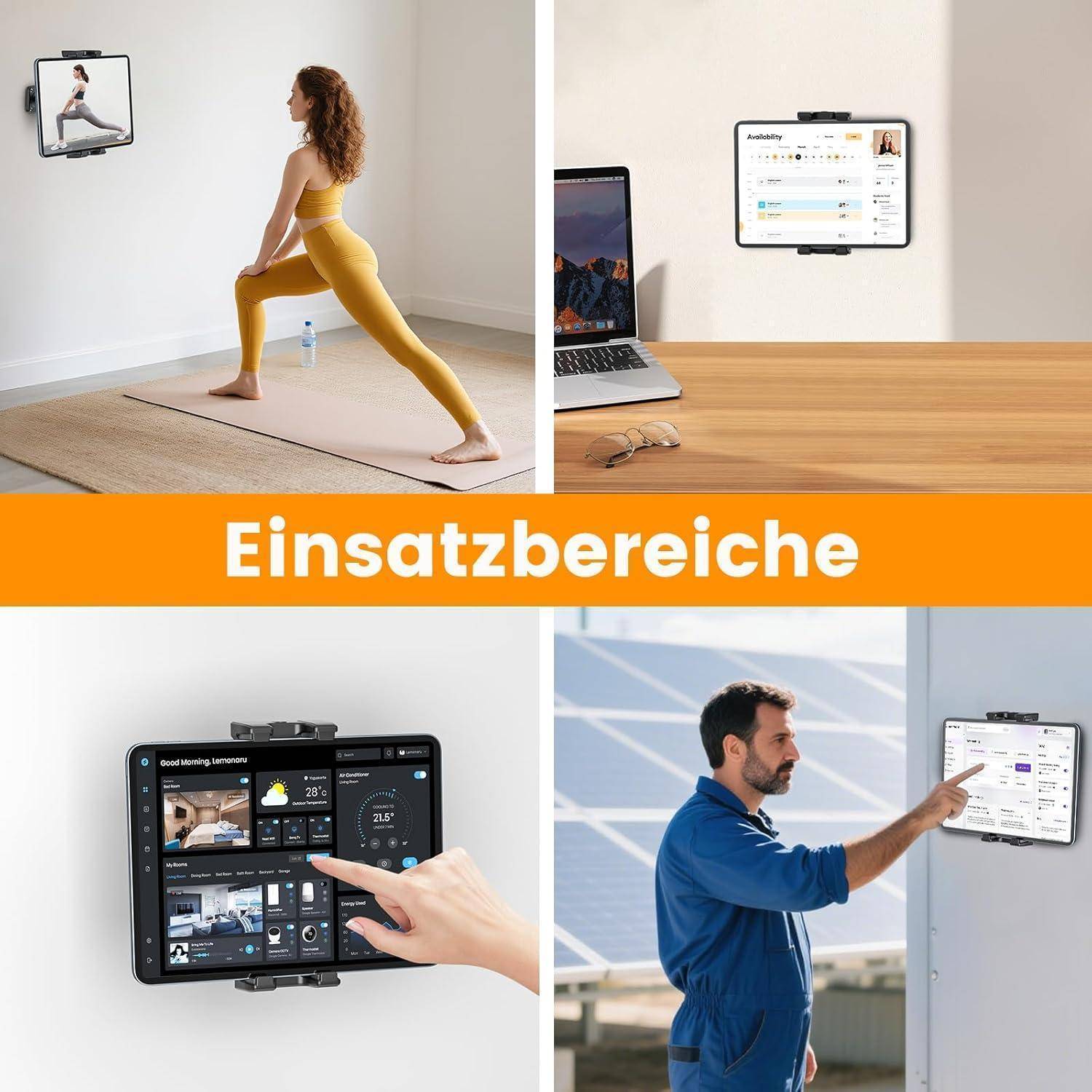 Collage zeigt ein wandmontiertes Tablet für Yoga-Workouts, Büroplanung, Smart-Home-Überwachung und industrielle Steuerung; zentraler Text liest "Einsatzbereiche"".