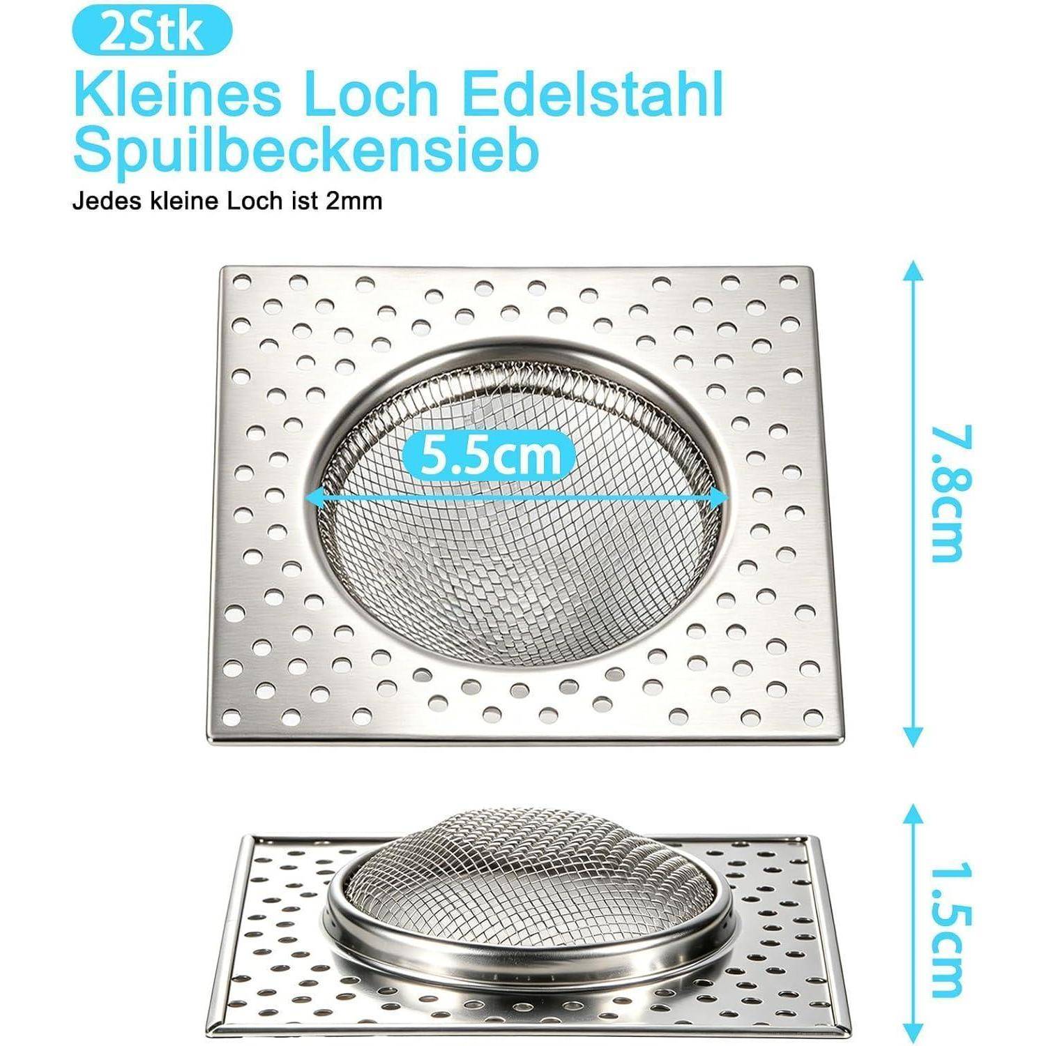 Bild eines 2er-Pack Edelstahl-Spülbeckensiebs mit kleinen 2-mm-Löchern, gekennzeichnet mit 5,5 cm Durchmesser, 7,8 cm breit und 1,5 cm hoch.