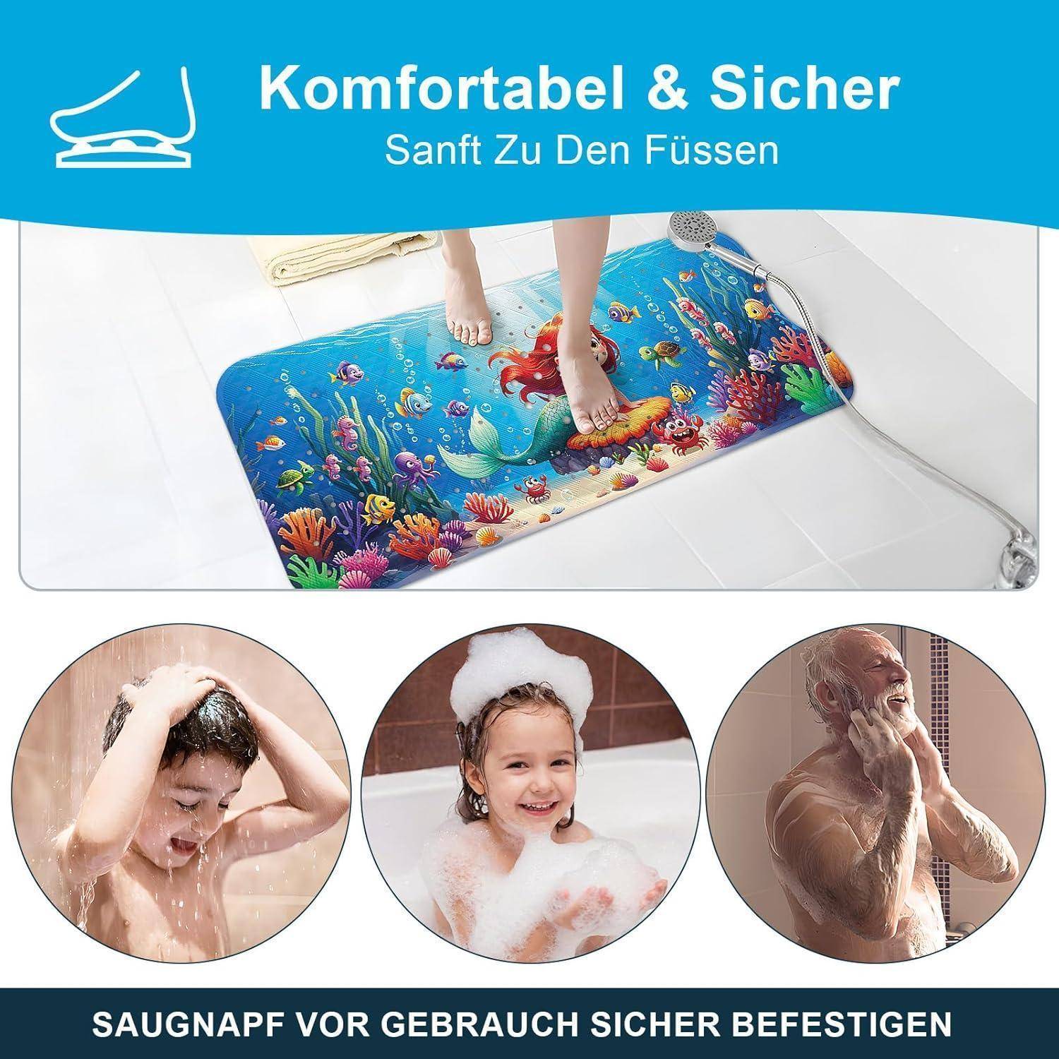 Bequem & sicher, sanft zu den Füßen; zeigt Füße auf einer farbenfrohen Matte und drei kreisförmige Bilder von Menschen beim Baden, mit Text „Saugnapfe vor Gebrauch sichern