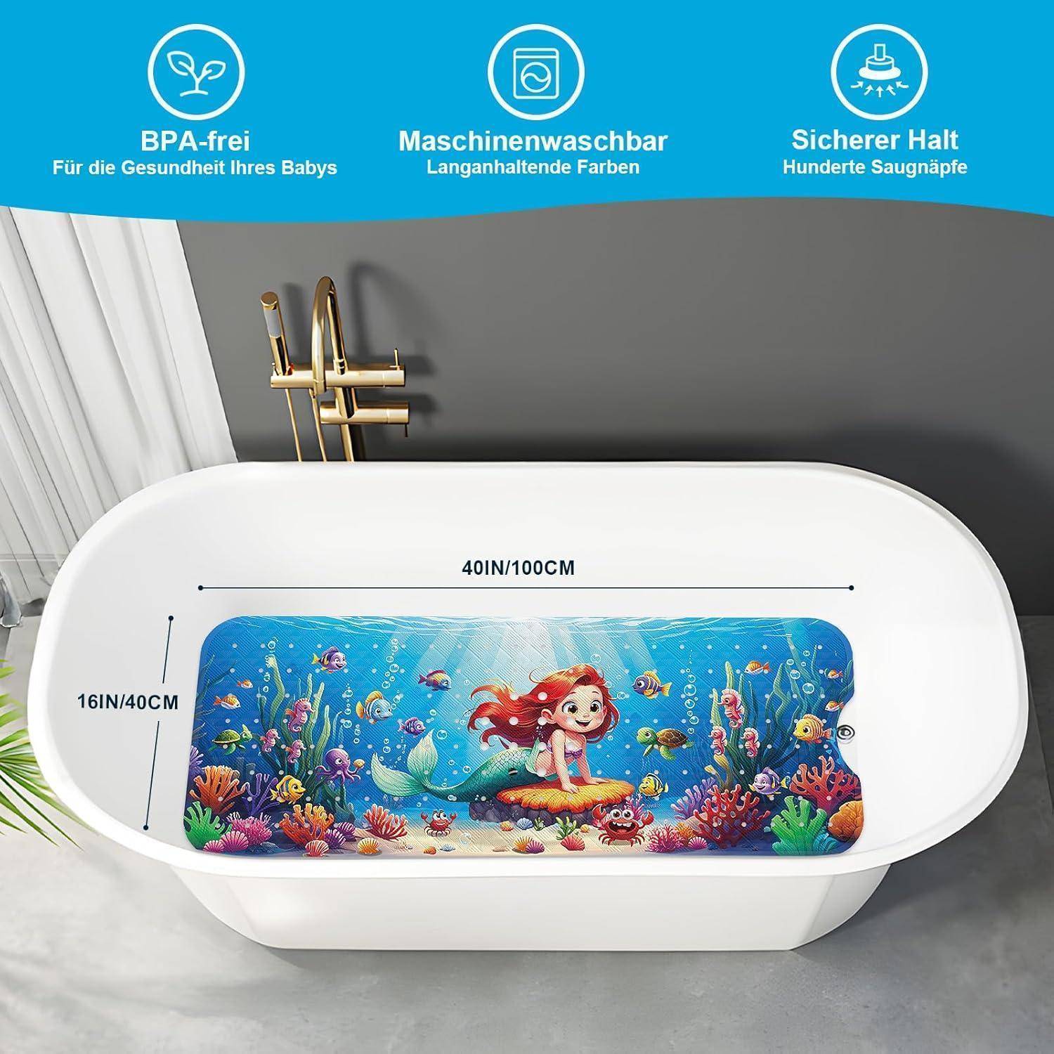 Weiße Badewanne mit einem farbenfrohen Meerjungfrau- und Meeresleben-Design-Einsatz; Banner-Symbole sagen BPA-frei, maschinenwaschbar und sicherer Halt.