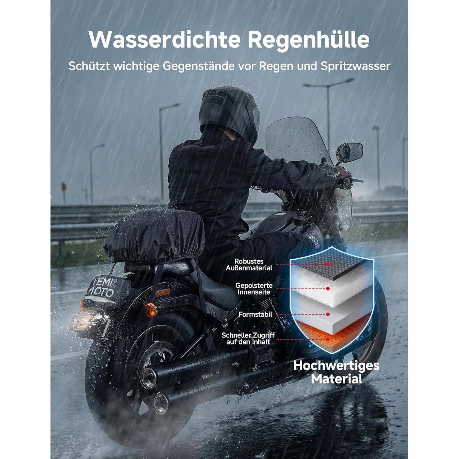 Anzeige für eine wasserdichte Regenschutzhülle, die einen Motorroller im starken Regen schützt; der Text hebt den Schutz vor Regen und Spritzwasser sowie das "hochwertige Material"" hervor.