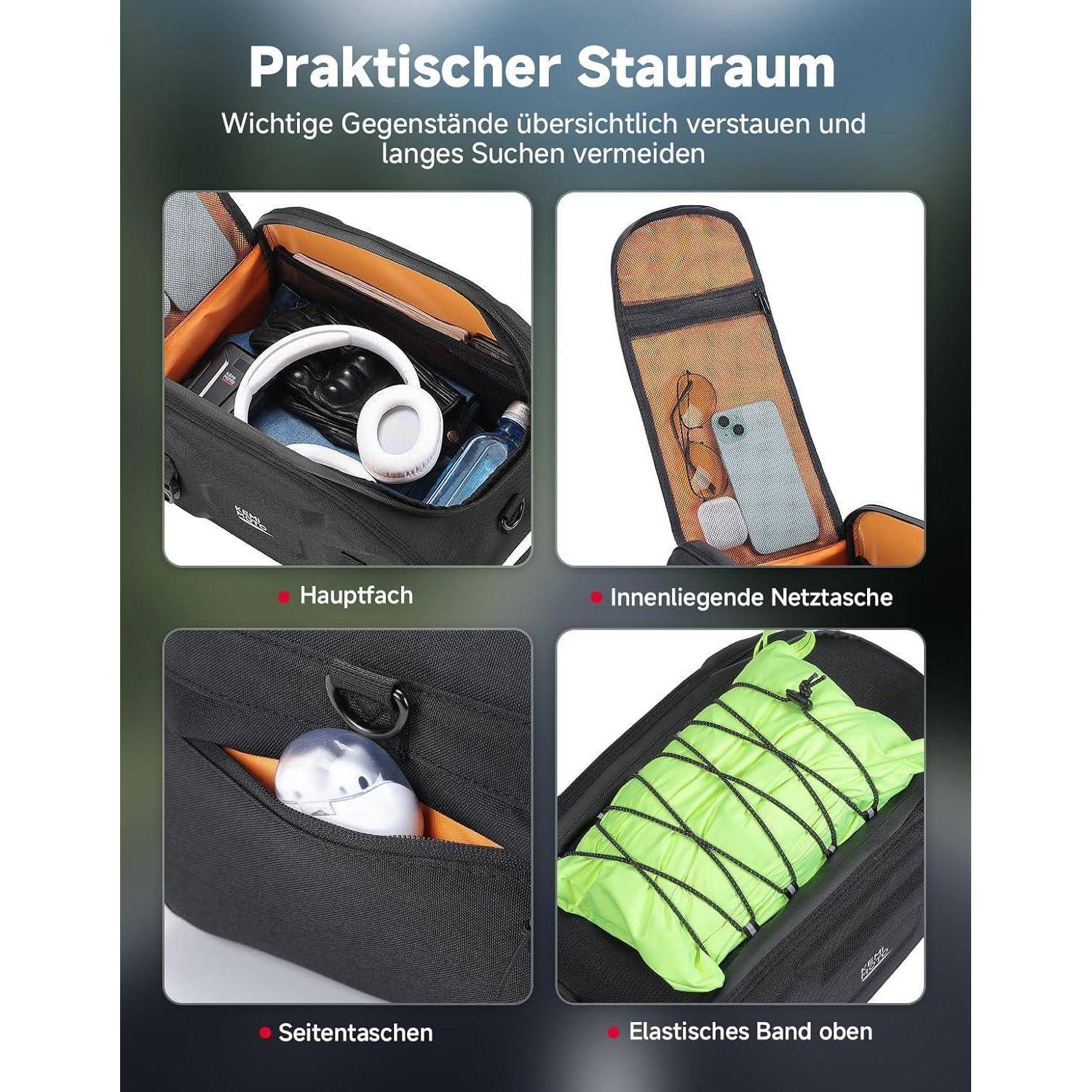Deutsches Produktgrafik, das Gepäcklagerungsfunktionen zeigt: Hauptfach, innere Netztasche, Seitentasche und obere elastische Riemen zum organisierten Packen