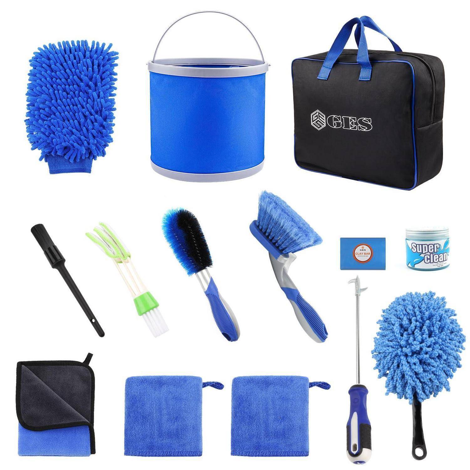 Blaues Auto-Detailing-Set mit Waschhandschuh, Eimer, Tragetasche, Bürsten, Pads, Schwamm, Radkürette und Verlängerungswerkzeug.