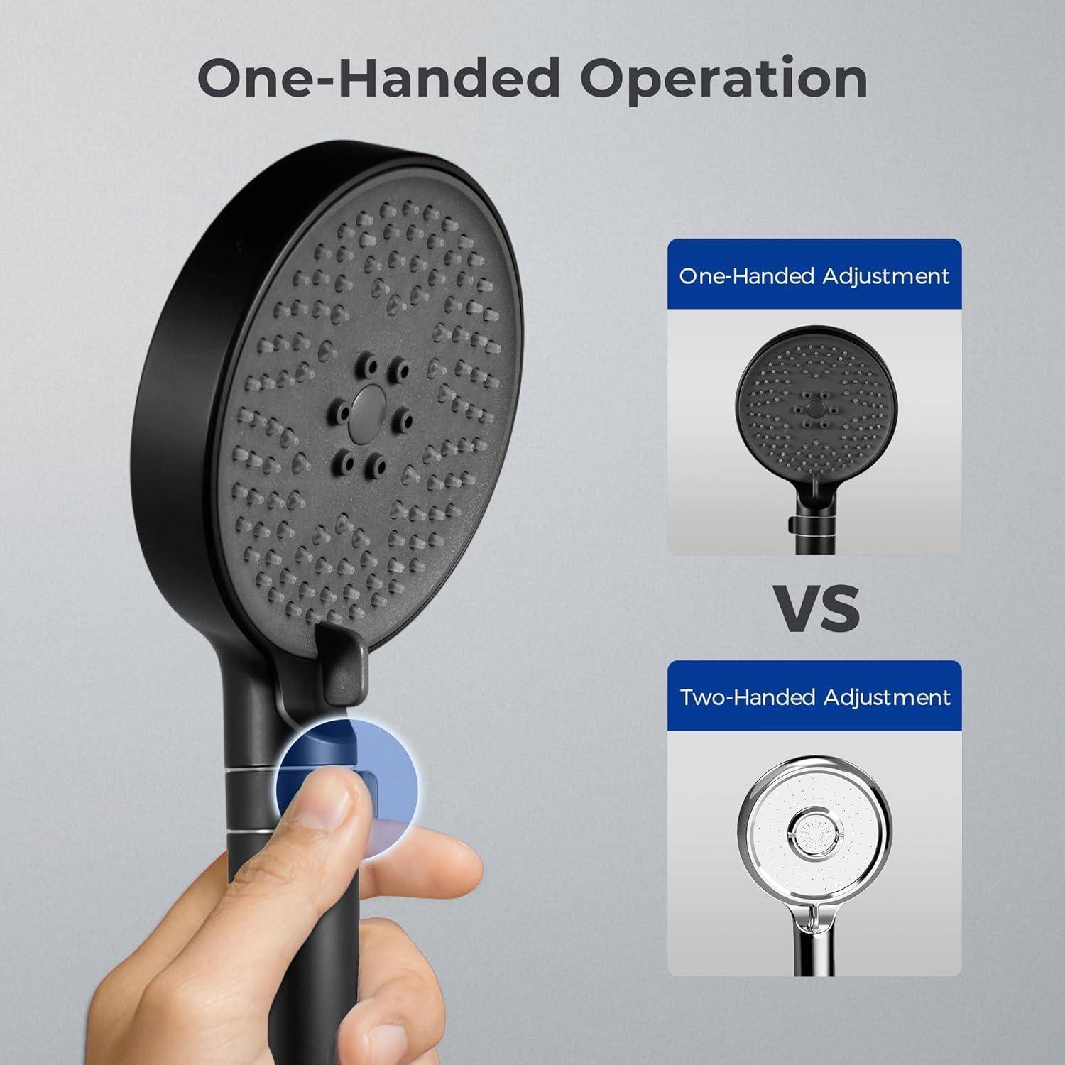 VANCOCO Schwarzer Duschkopf Handbrause mit 3 Strahlarten & Stufenlosem Durchflussregler | EN1112 Z-Class (0.12-0.20L/s), HDPE Silikondüsen