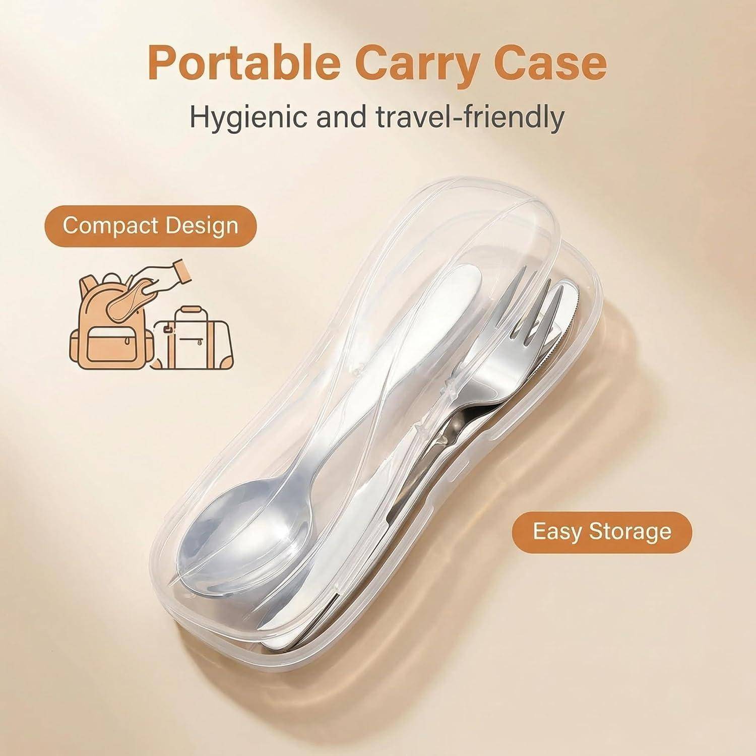 Tragbare Transportbox für Löffel, Gabel und Messer, gezeigt in einer klaren, kompakten Box mit Beschriftungen „Hygienisch und reisefreundlich", „Kompaktes Design"" und „Einfache Aufbewahrung"".
