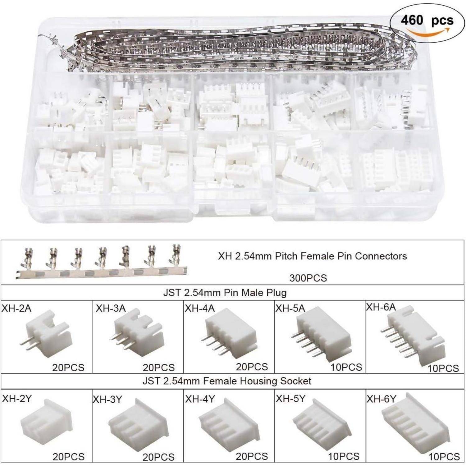 Sortiertes 2,54-mm-JST-XH-Steckverbinder-Set in einer Aufbewahrungsbox, beschriftet mit männlichen Stiften und weiblichen Steckgehäusen für mehrere Stiftzahlen.