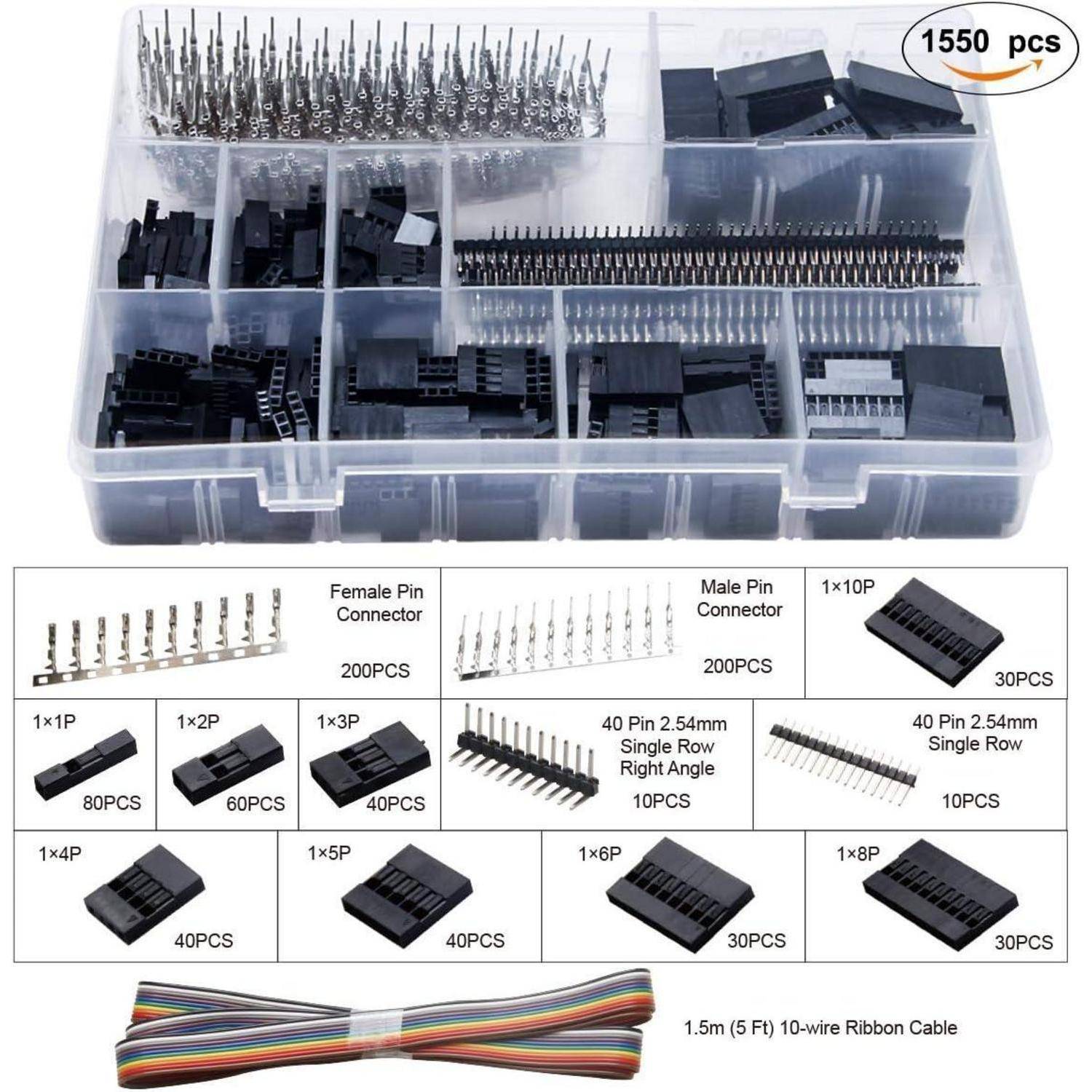 Kunststoff-Organizer-Set mit assorted männlichen und weiblichen Stiftleisten, 40-Pin-Steckverbindern und 10-adriges Flachbandkabel, gekennzeichnet mit 1550 Teilen.