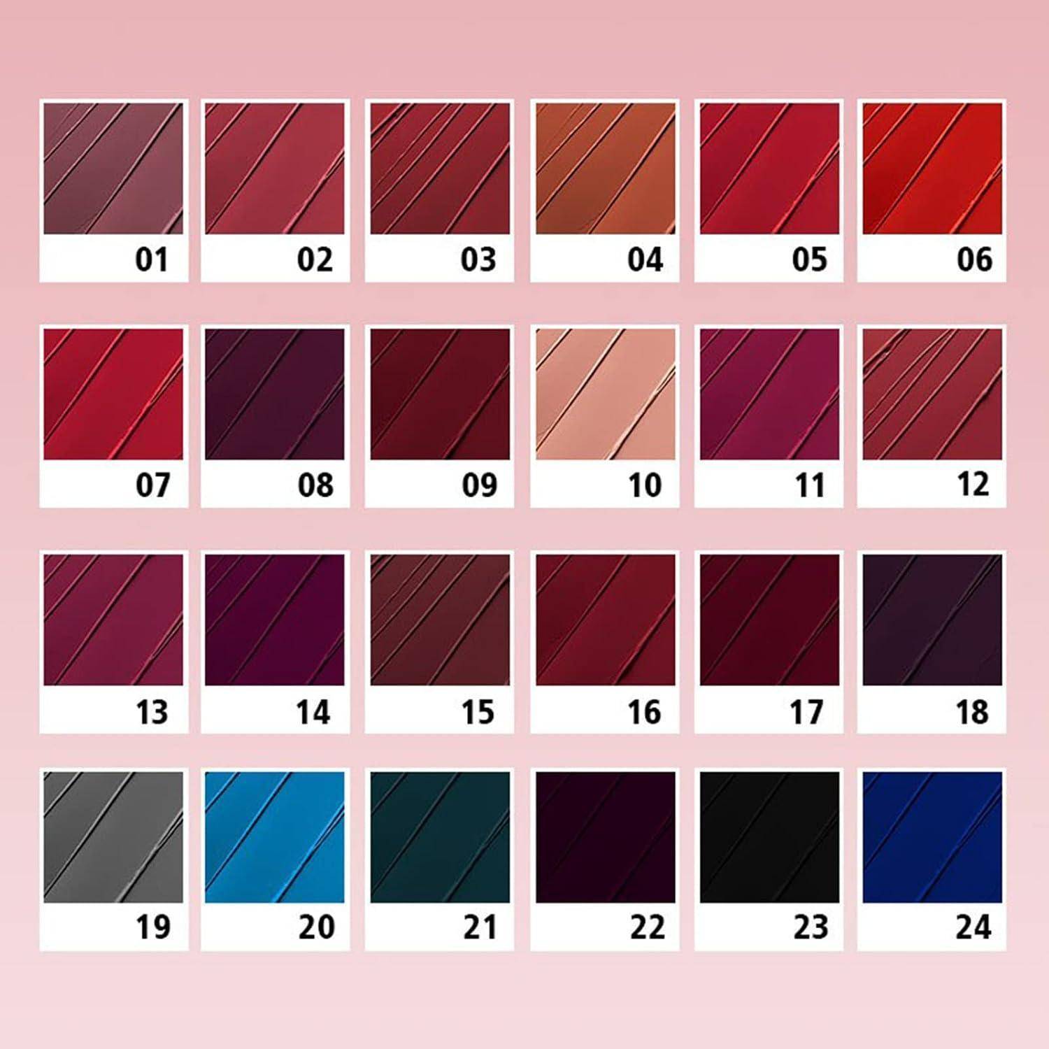 Farbmusterkarte mit 24 nummerierten Quadraten, die glänzende diagonale Streifenoberflächen in Rot-, Rosa-, Burgunder-, Grau-, Blau-, Teal-, Schwarz- und Violetttönen zeigen.