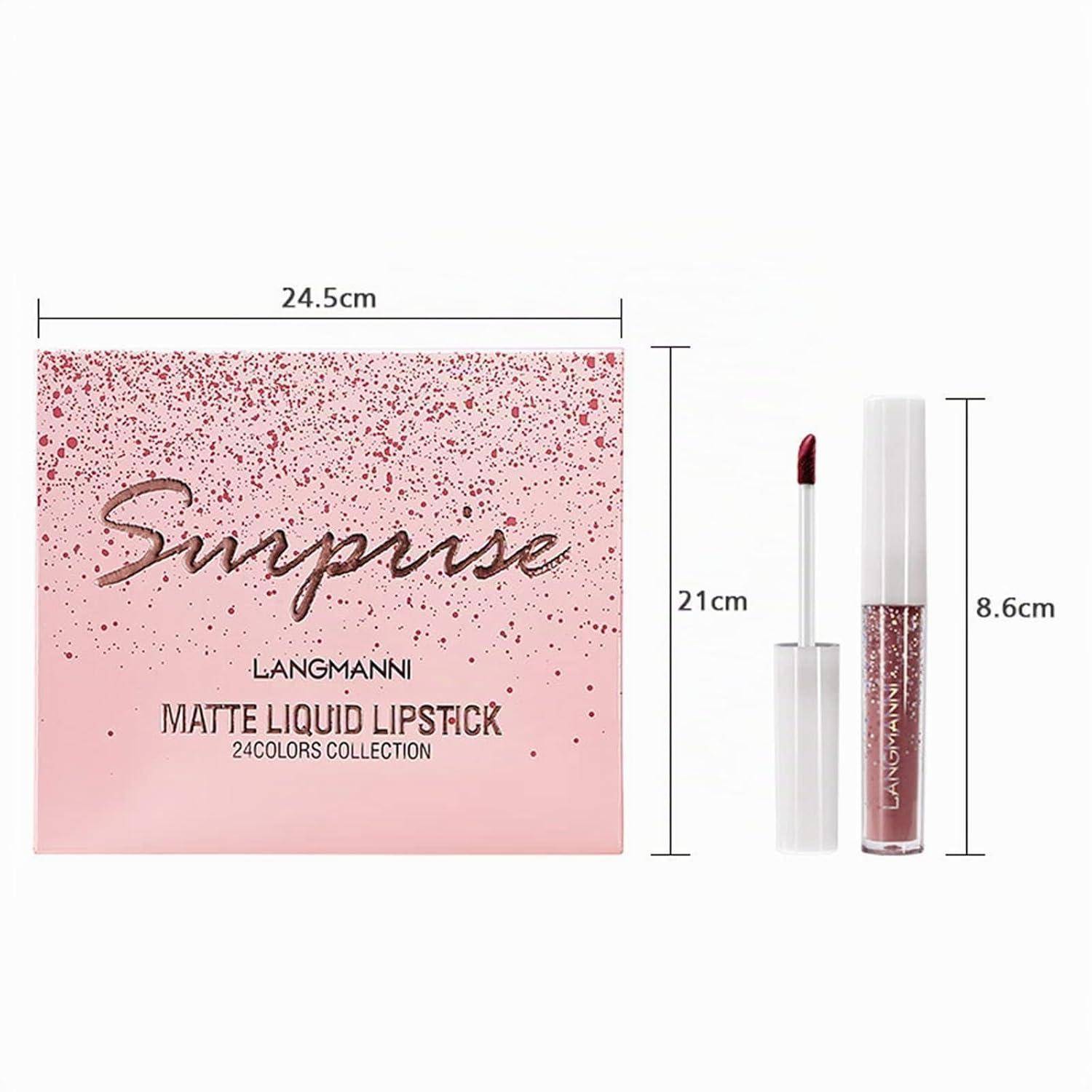 Rosa LANGMANNI matter flüssiger Lippenstift-Set mit Box und Applikator, zeigt Verpackungsgröße 24,5 cm x 21 cm und Lippenstift-Tube 8,6 cm Höhe.