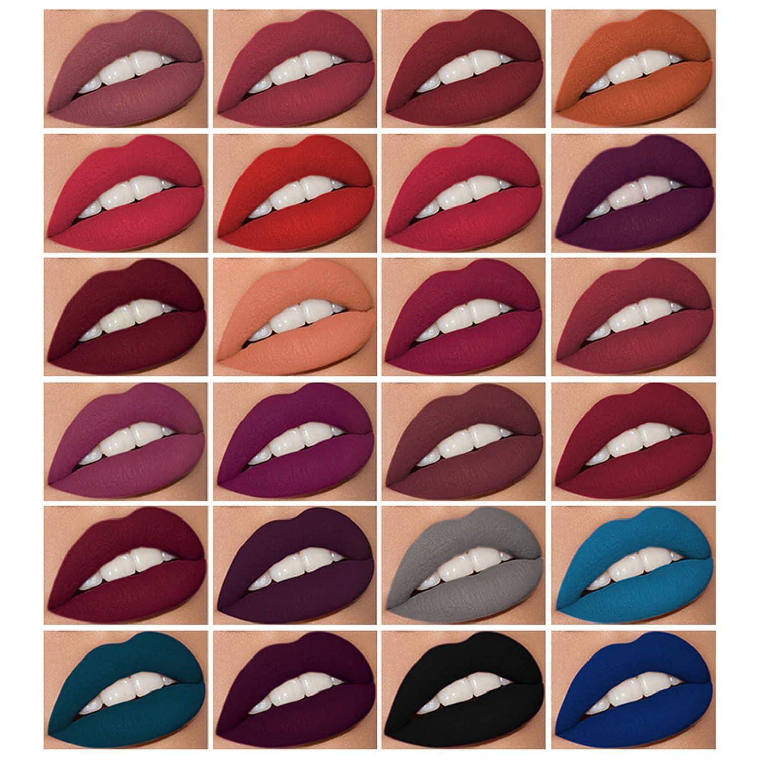 Raster aus 24 Nahaufnahmen von Lippentupfern in verschiedenen matten Lippenstiftfarben, von Nude und Pink über Rot, Lila, Grau und Schwarz bis hin zu Petrol und Blau.
