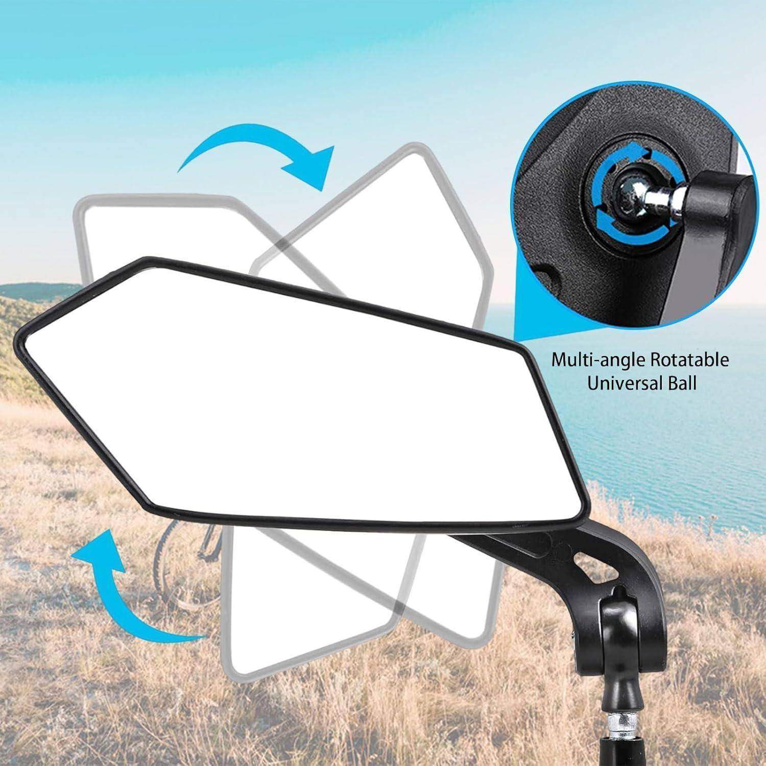 Produktbild eines Motorrad-Seitenspiegels mit verstellbarem Multi-Winkel-Rotation, mit eingefügter Nahaufnahme beschriftet als „Multi-Winkel-drehbare Universalkugel".