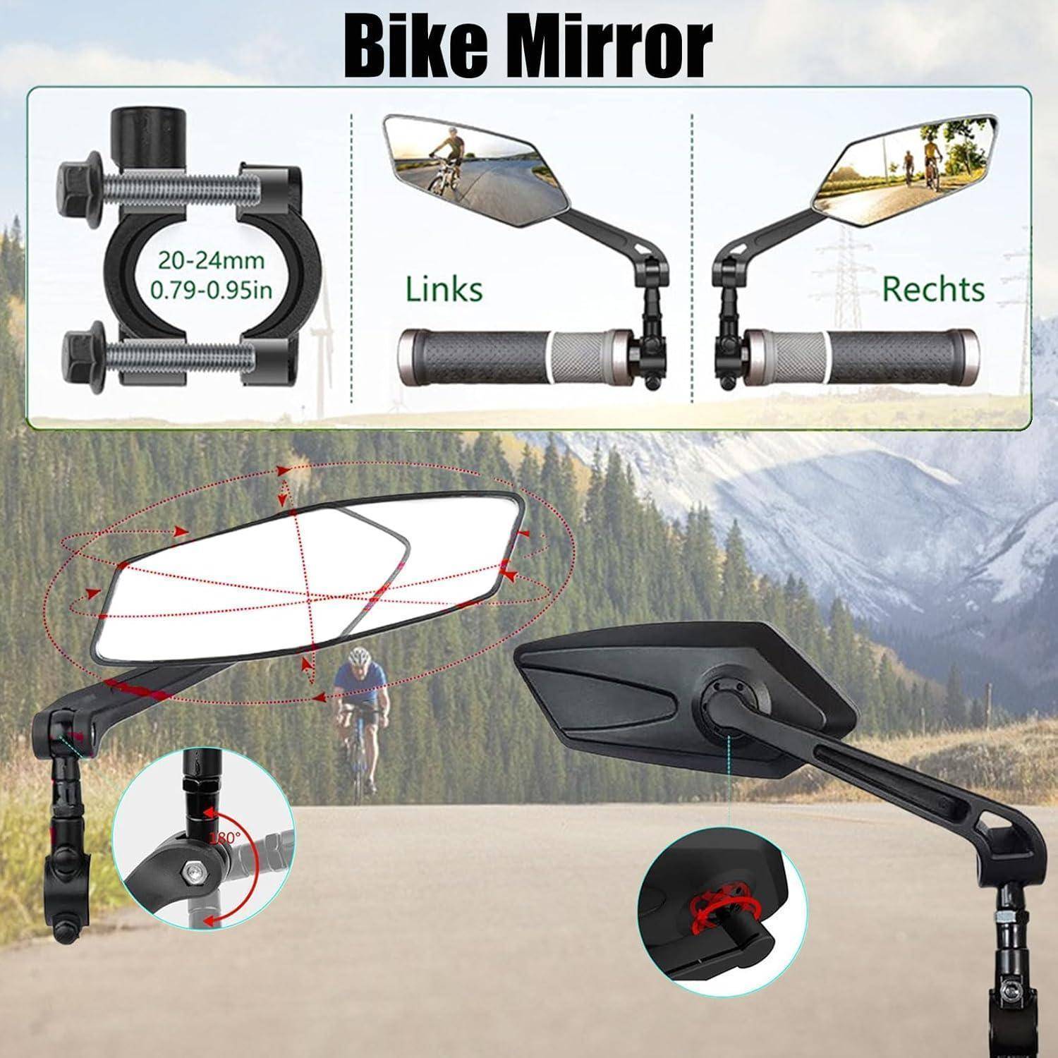 Fahrradspiegel-Produktbild mit verstellbarer Lenkerklemmung für 20-24 mm Lenker, mit linken und rechten Montagemöglichkeiten und großen Rückspiegelwinkeln.