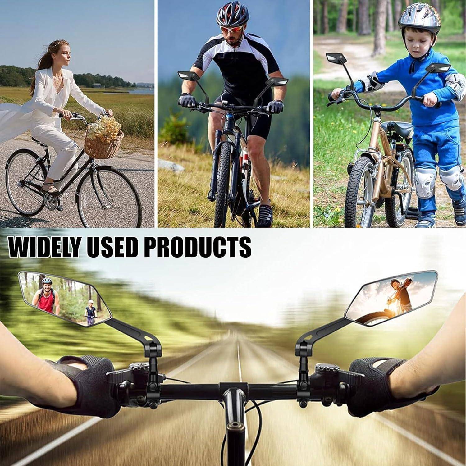 Werbekollage zeigt Radfahrer, die Rückspiegel an Fahrrädern verwenden, mit der Schlagzeile „WEIT VERBREITETE PRODUKTE", die die Produktnutzung für Fahrer hervorhebt.