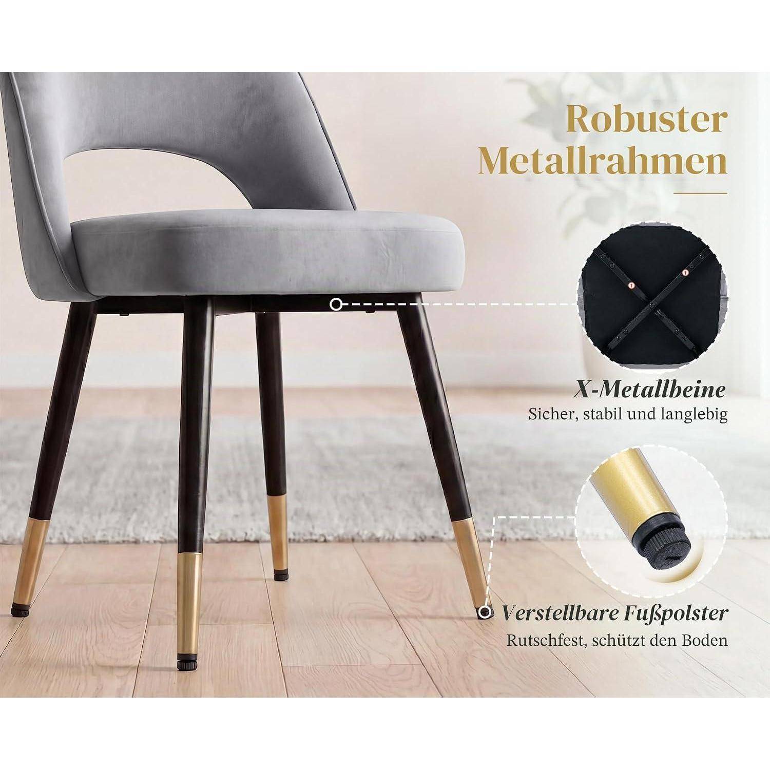 Produktanzeige mit einem grau gepolsterten Stuhl mit dunklen Metallbeinen und goldenen Spitzen, die folgende Merkmale hervorhebt: 