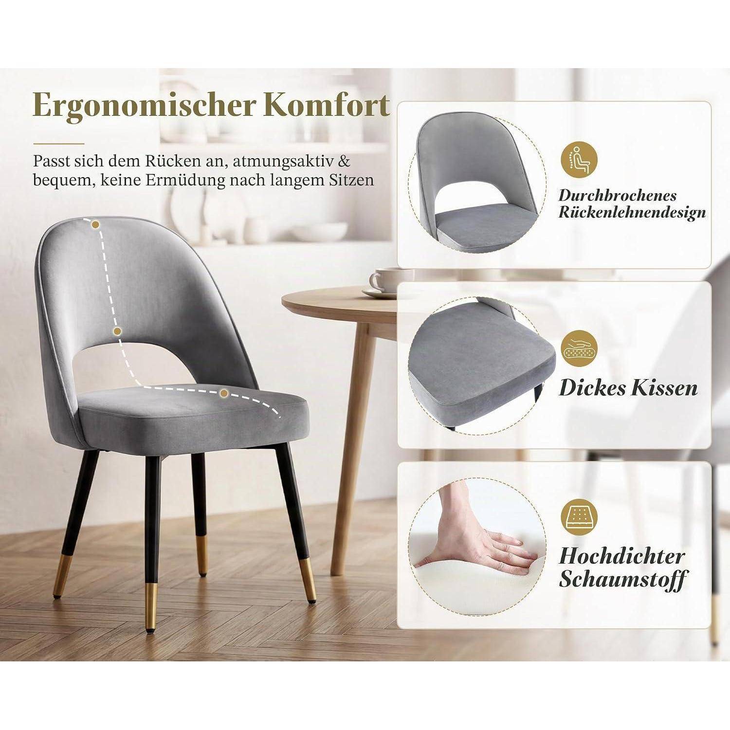 Grauer, gepolsterter Esszimmerstuhl mit goldenen Beinstützen, gezeigt mit Hinweisen auf ergonomischen Komfort, ausgehöhlte Rückenlehne, dickes Sitzkissen und hochdichtem Schaumstoff.