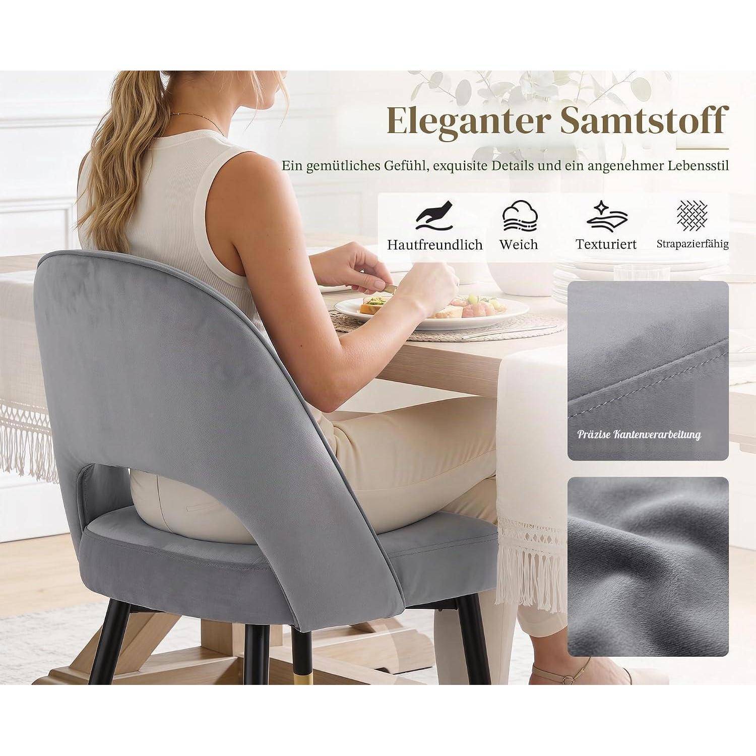 Grauer gepolsterter Esszimmerstuhl mit gebogenem Rückenlehne, gezeigt mit deutschem Anzeigentext „Eleganter Samtstoff