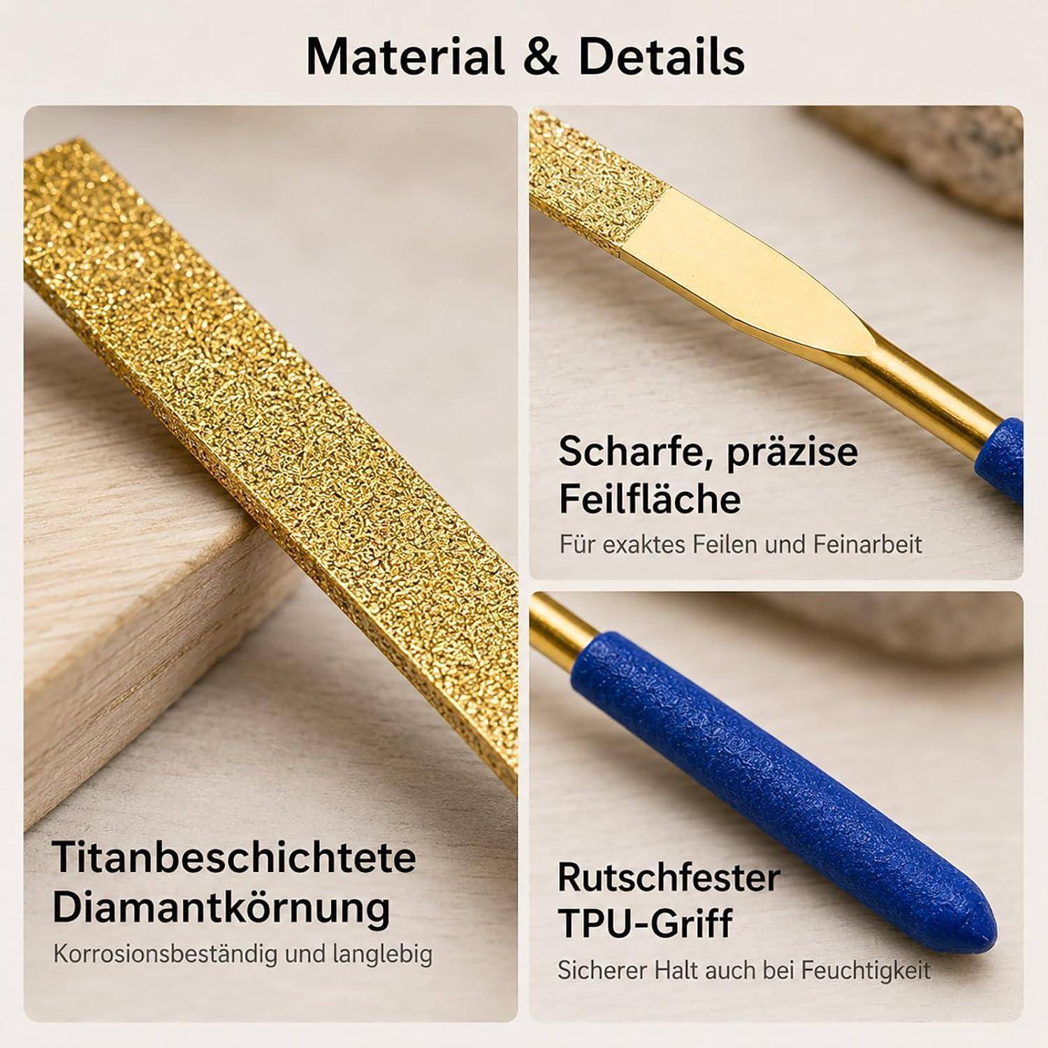 Produktdetailbild mit einer vergoldeten diamantbeschichteten Feile mit blauem rutschfestem TPU-Griff und scharfer Präzisions-Feileoberfläche; deutsche Etiketten heben Langlebigkeit und präzise Feinarbeiten hervor.