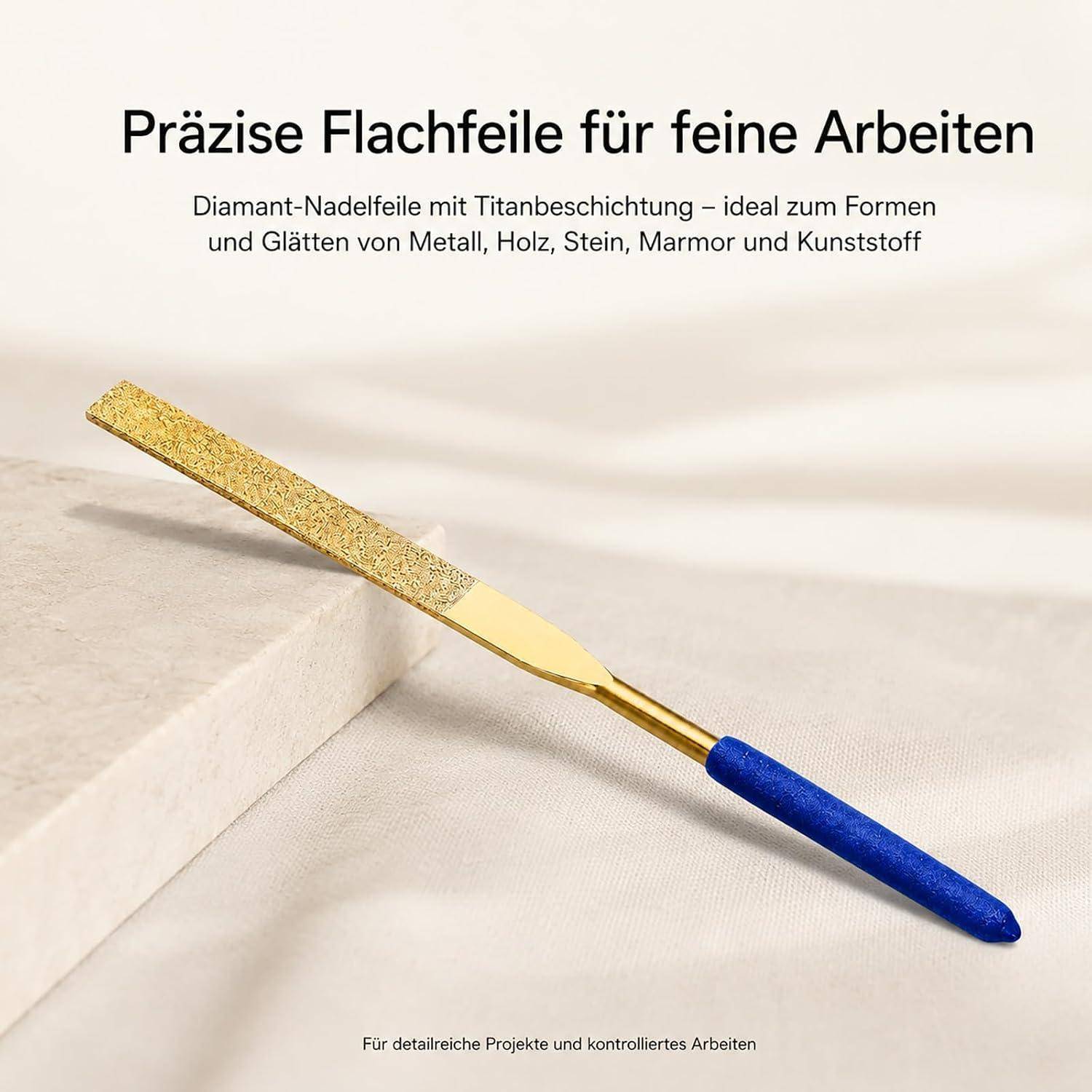 Flache Diamant-Nadelfeile 9,5x180mm, Titanbeschichtet mit rutschfestem TPU-Griff, Präzisionsfeile für Metall Stein Holz Kunststoff Modellbau