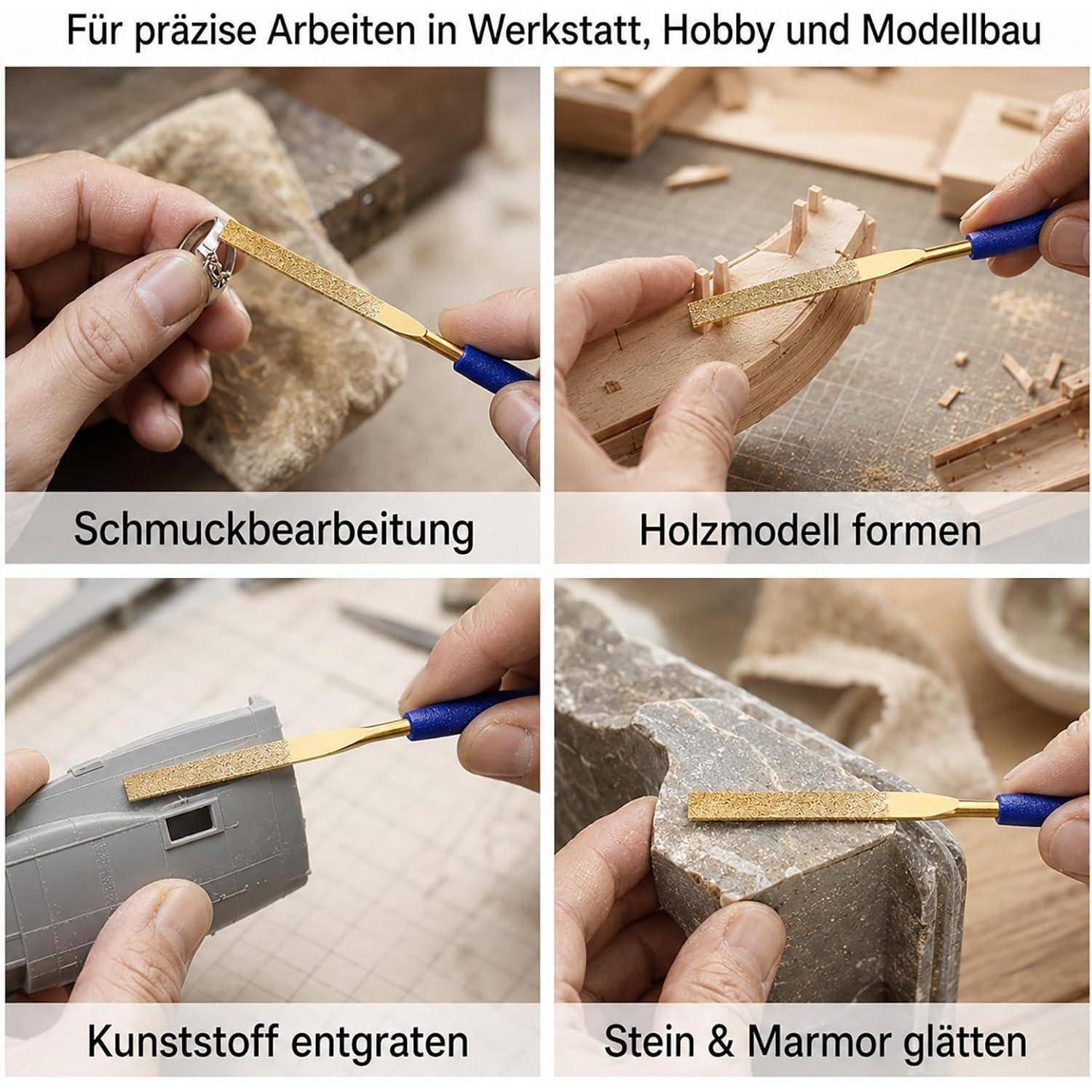 Deutsches Werbebild mit einer goldenen Feile für Schmuckbearbeitung, Formgebung von Holzmodellen, Entgraten von Kunststoff und Glätten von Stein und Marmor.