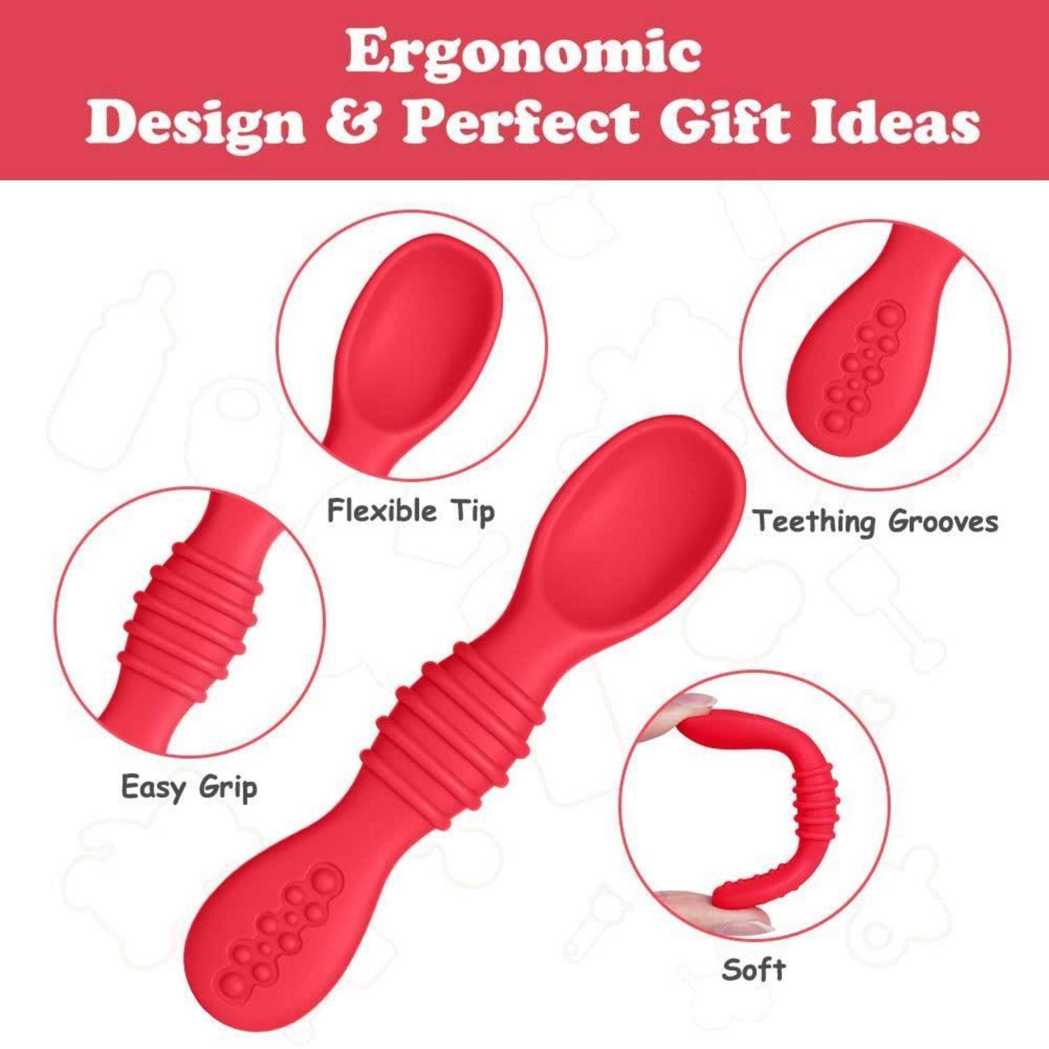 Werbegrafik einer roten ergonomischen Zahnbürste für Babys mit gekennzeichneten Funktionen: „Flexible Spitze