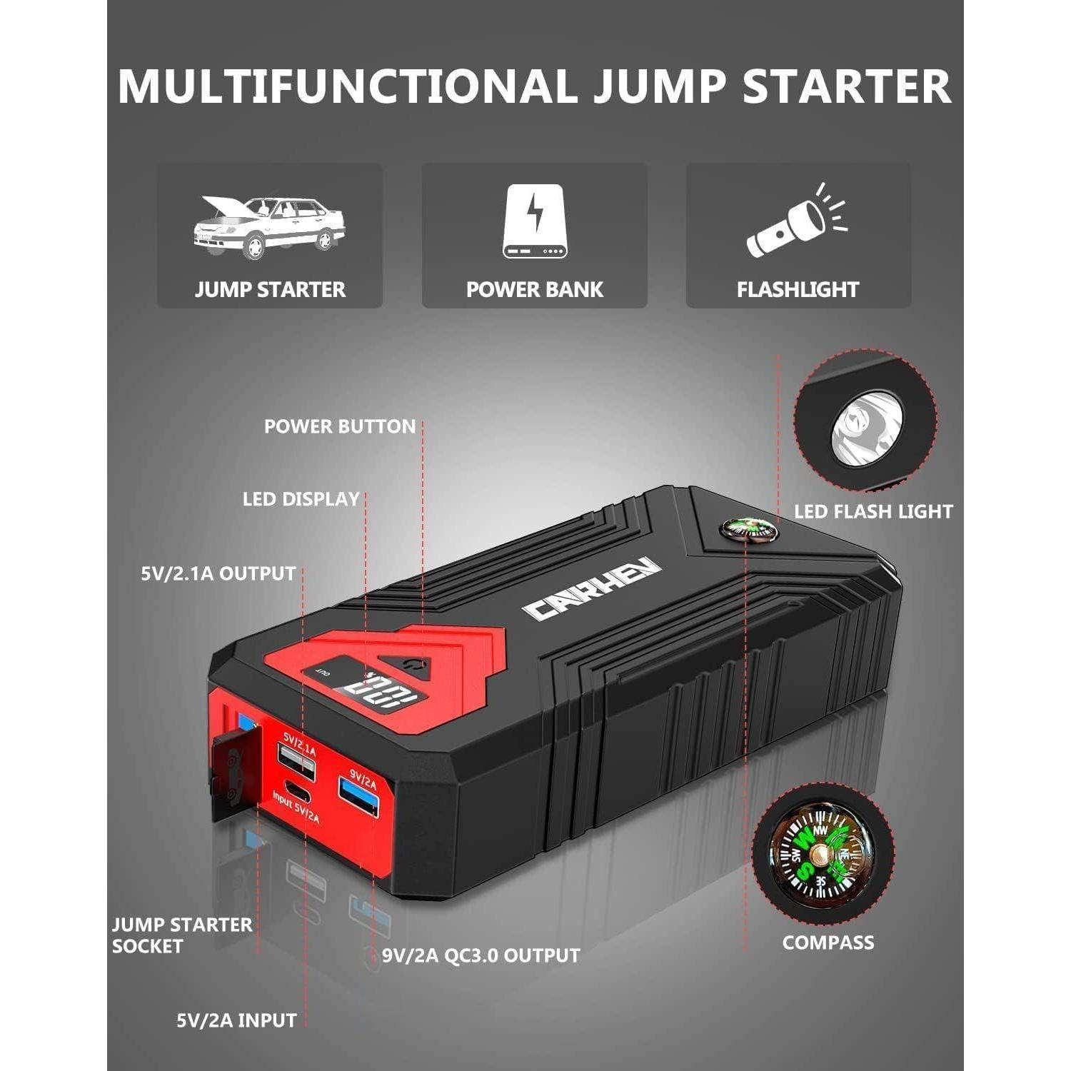 Starthilfe Powerbank für pkw, 4000A Auto Starthilfe Powerbank (Bis Zu 8,0L Benzin Oder 8,0L Diesel), 12V Jump Starter Powerbank mit USB