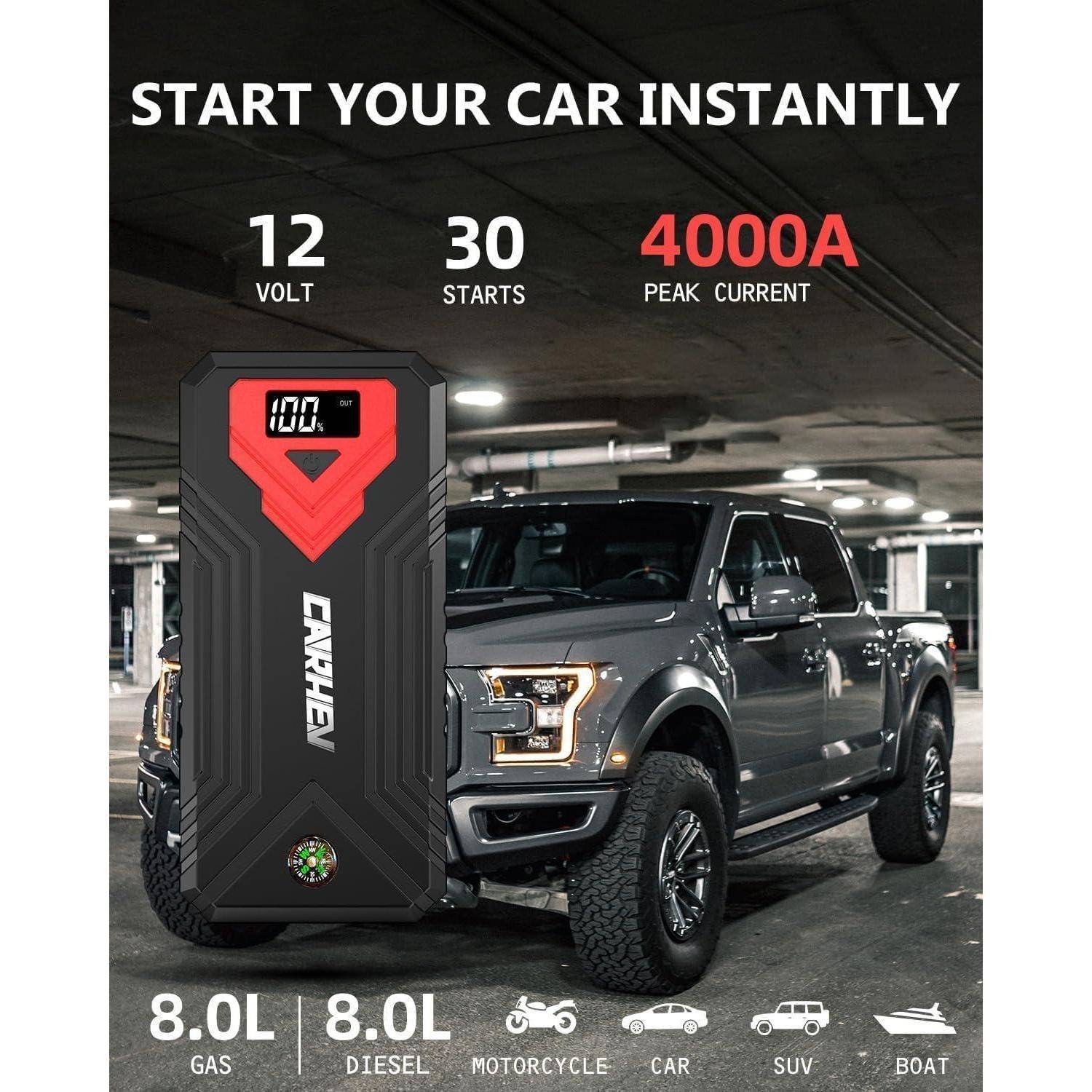 Starthilfe Powerbank für pkw, 4000A Auto Starthilfe Powerbank (Bis Zu 8,0L Benzin Oder 8,0L Diesel), 12V Jump Starter Powerbank mit USB