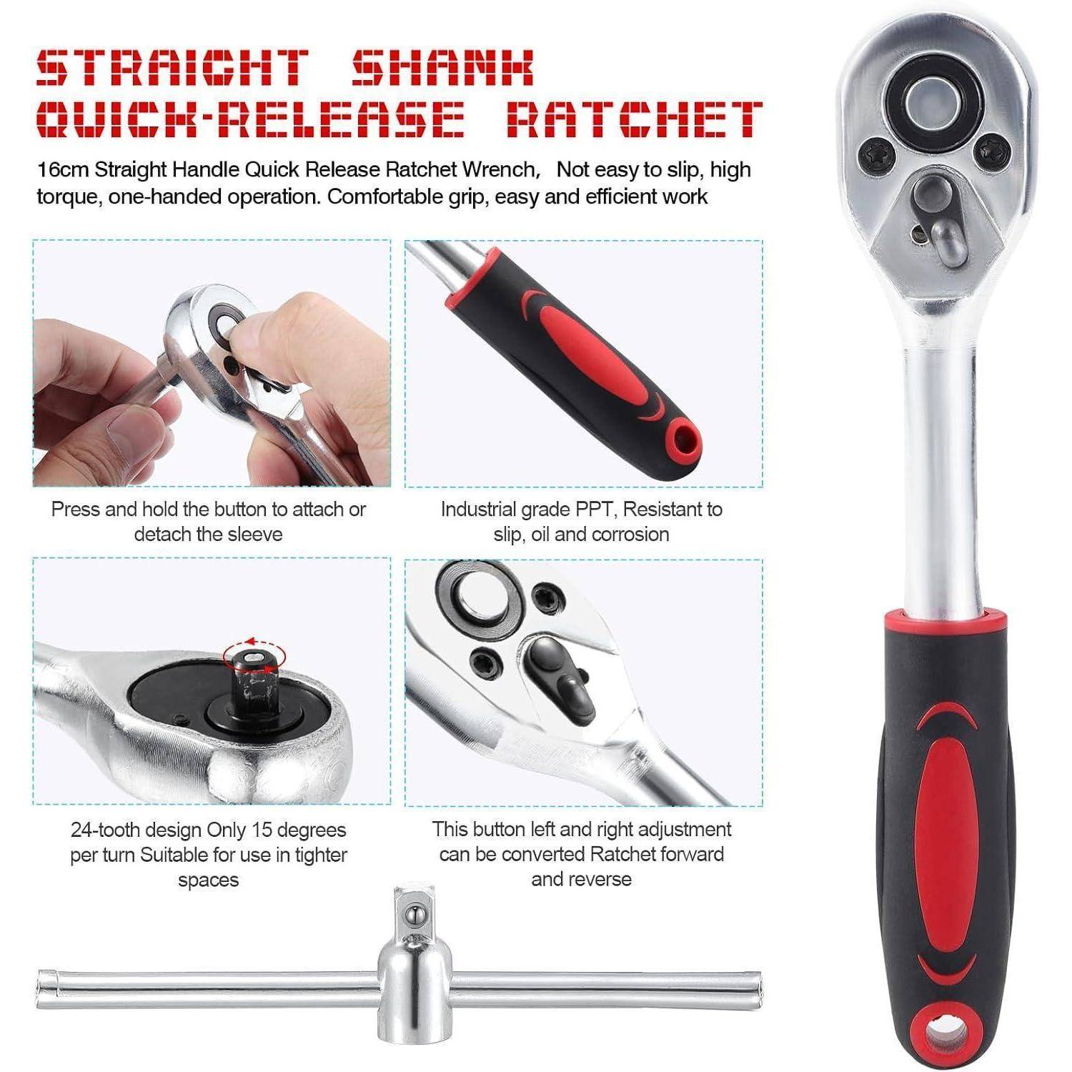 WiMas 46PCS Steckschlüsselsatz, Flexibles Steckschlüssel-Satz mit Umschaltknarre für Auto Fahrrad Motor (Farbe des Werkzeugkastens ist zufällig,