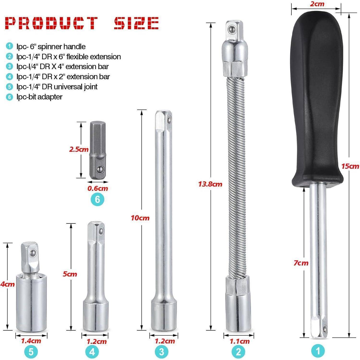 Größentabelle für Produkte, die sechs Steckverbinder-Werkzeugaufsätze mit gekennzeichneten Längen und Breiten zeigt, einschließlich einer schwarzen Griffverlängerung, flexibler Verlängerung, Verlängerungsstangen, Universalgelenk und Adapter.