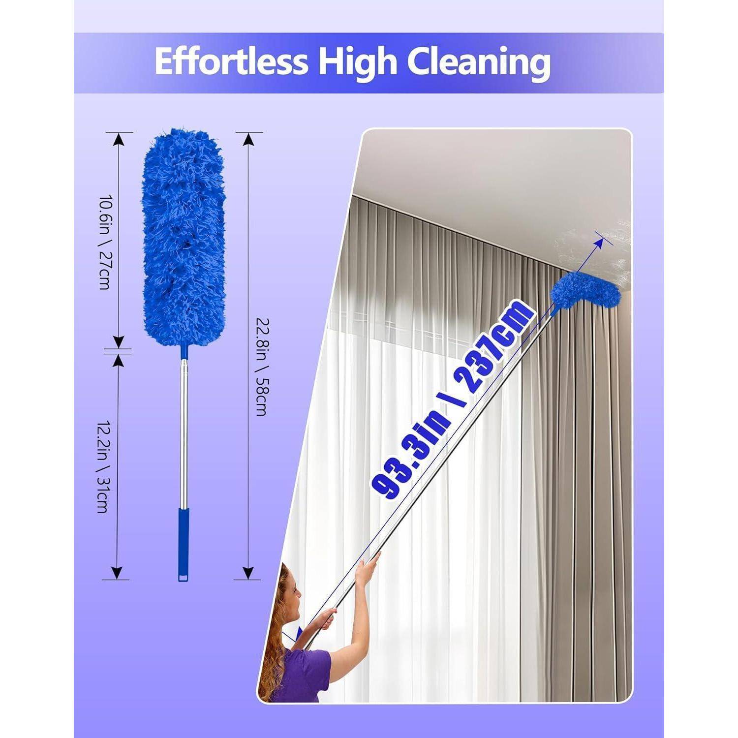 Werbegrafik für einen ausziehbaren Reinigungsstaubwedel mit blauem Mikrofaserkopf, 22,8 Zoll Gesamtlänge und Verwendung zum Abstauben hoher Vorhänge mit einer Reichweite von 93,3 bis 231 Zoll.