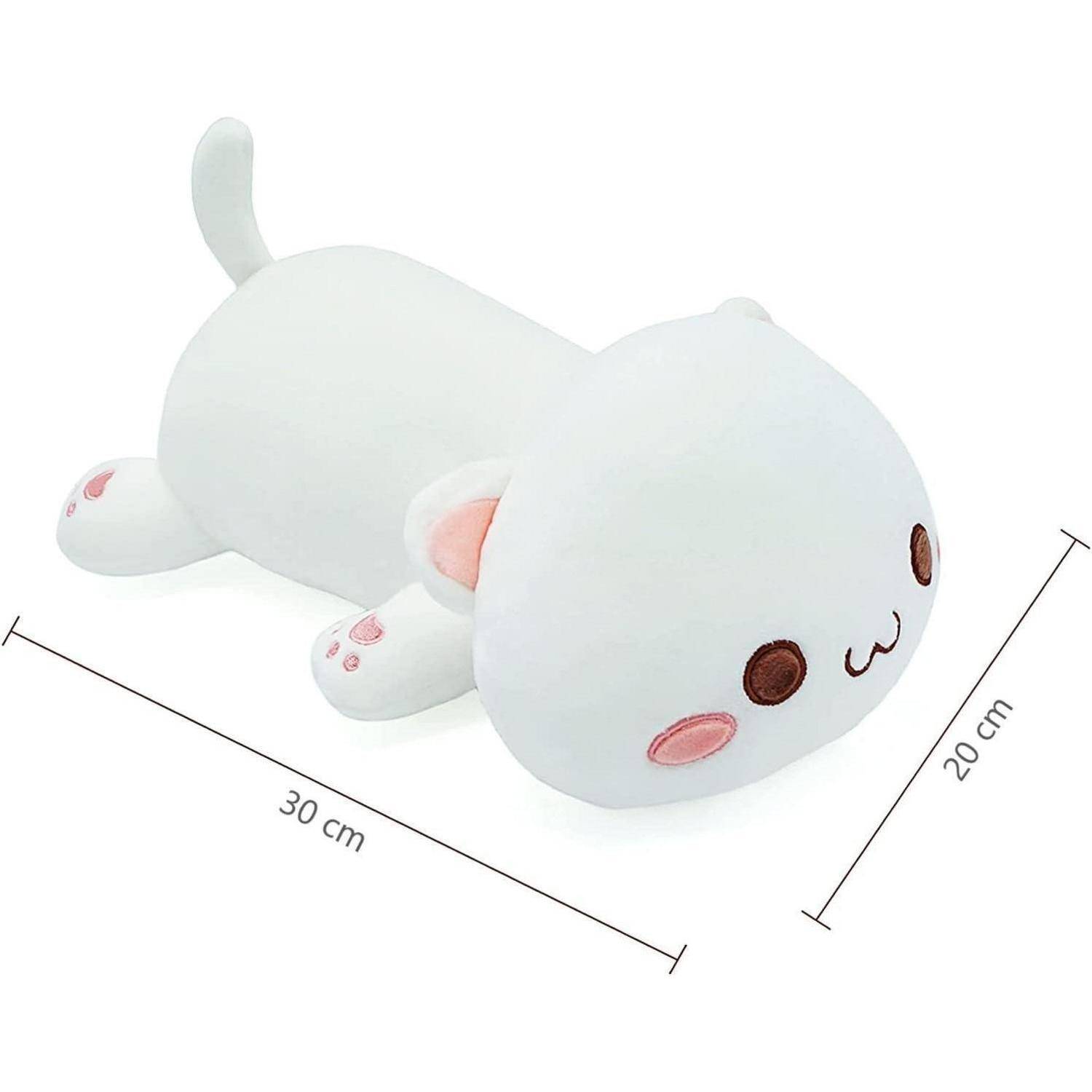 Weißes katzenförmiges Plüschtier, das auf der Seite liegt, mit beschrifteten Abmessungen von 30 cm Länge und 20 cm Breite.