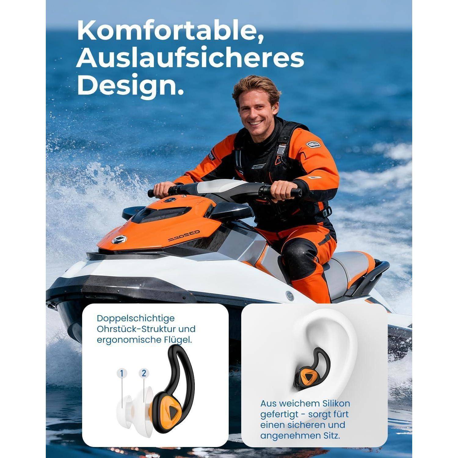 Mann auf einem orange-weißen Jetski auf dem Meer, mit deutschem Anzeigentext „Komfortable, Auslaufsicheres Design