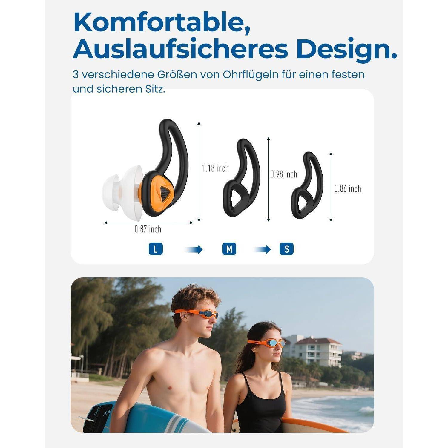 Infografik mit komfortablem, sicherem Ohrenbügel-Design in 3 Größen (L, M, S) mit Abmessungen, plus ein Foto von zwei Personen, die die Ohrhörer am Strand tragen.