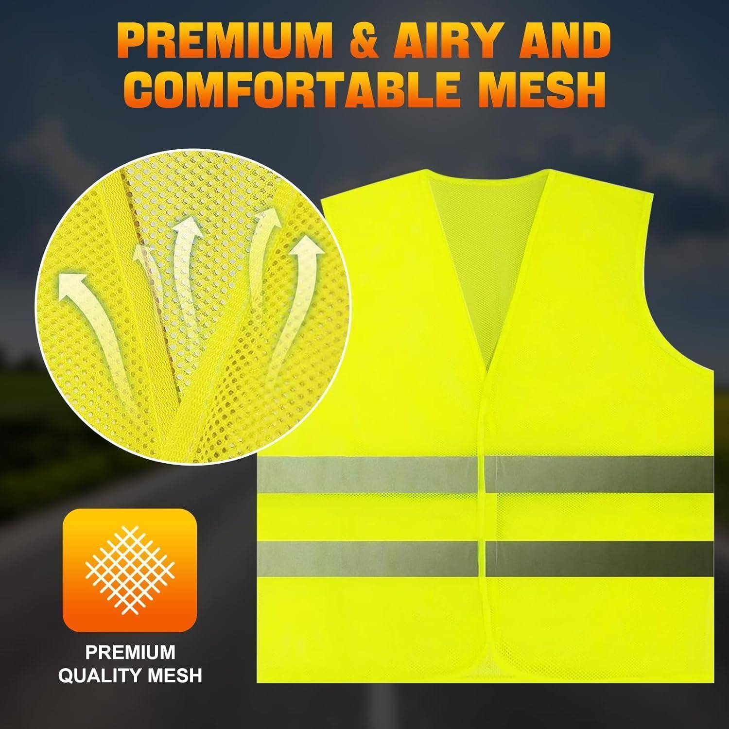 Leuchtend gelbe reflektierende Sicherheitsweste mit grauen Streifen und Mesh in Nahaufnahme, beschriftet mit „PREMIUM & ATMUNGSAKTIV UND KOMFORTABLES MESH