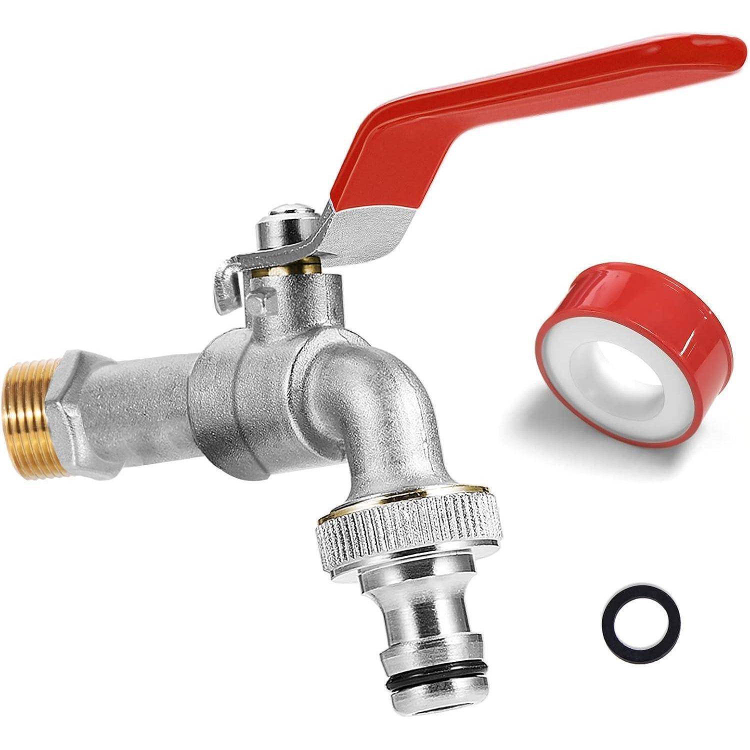 Metall-Wasserhahnanschluss mit rotem Hebel, gezeigt mit einer roten Schraubkappe und einem schwarzen O-Ring auf weißem Hintergrund.