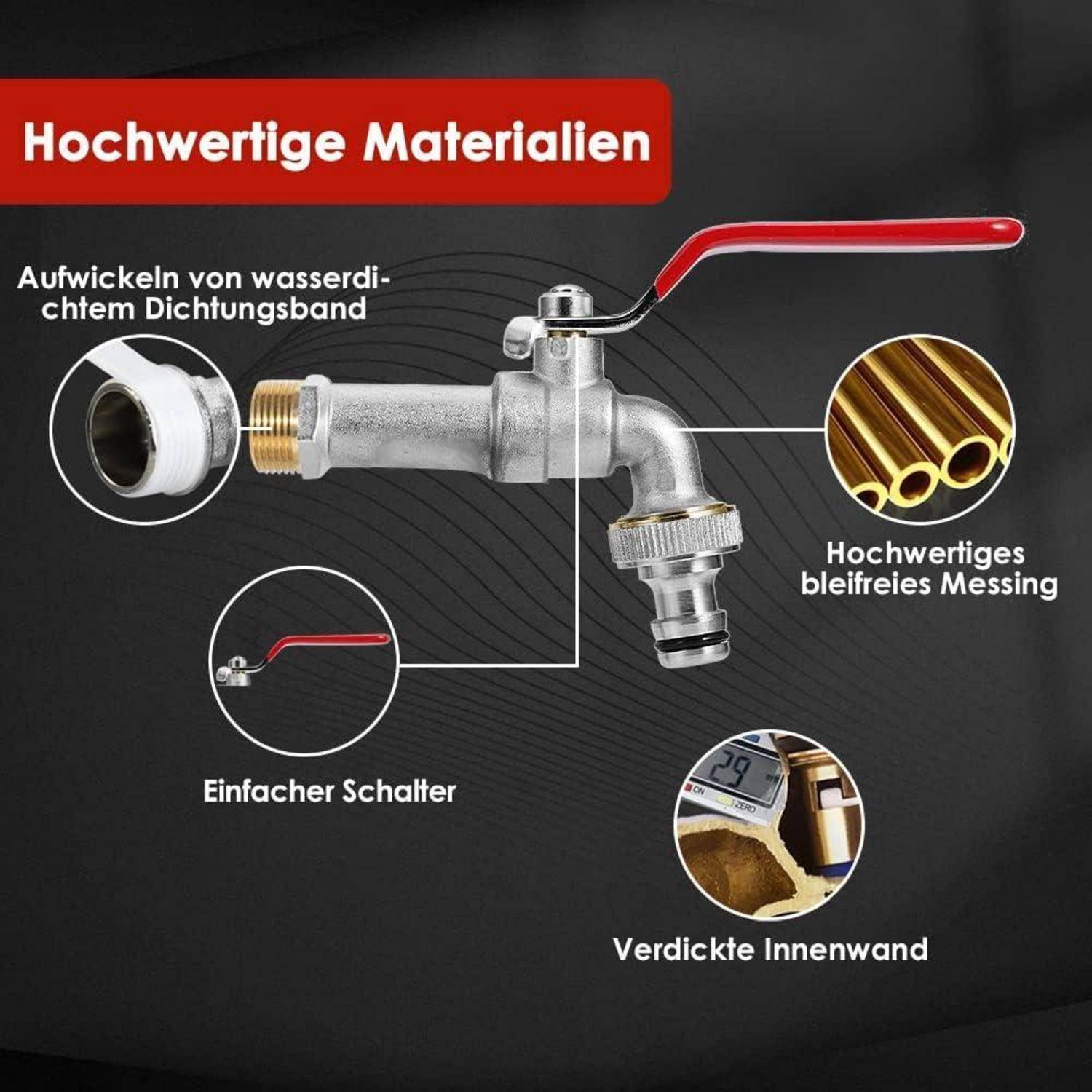 Illustration eines Messingwasserventils mit deutschen Beschriftungen, die hochwertige Materialien, Wasserdichtband-Umwicklung, einfachen Schalter, bleifreies Messing und verstärkte Innenwand hervorheben.