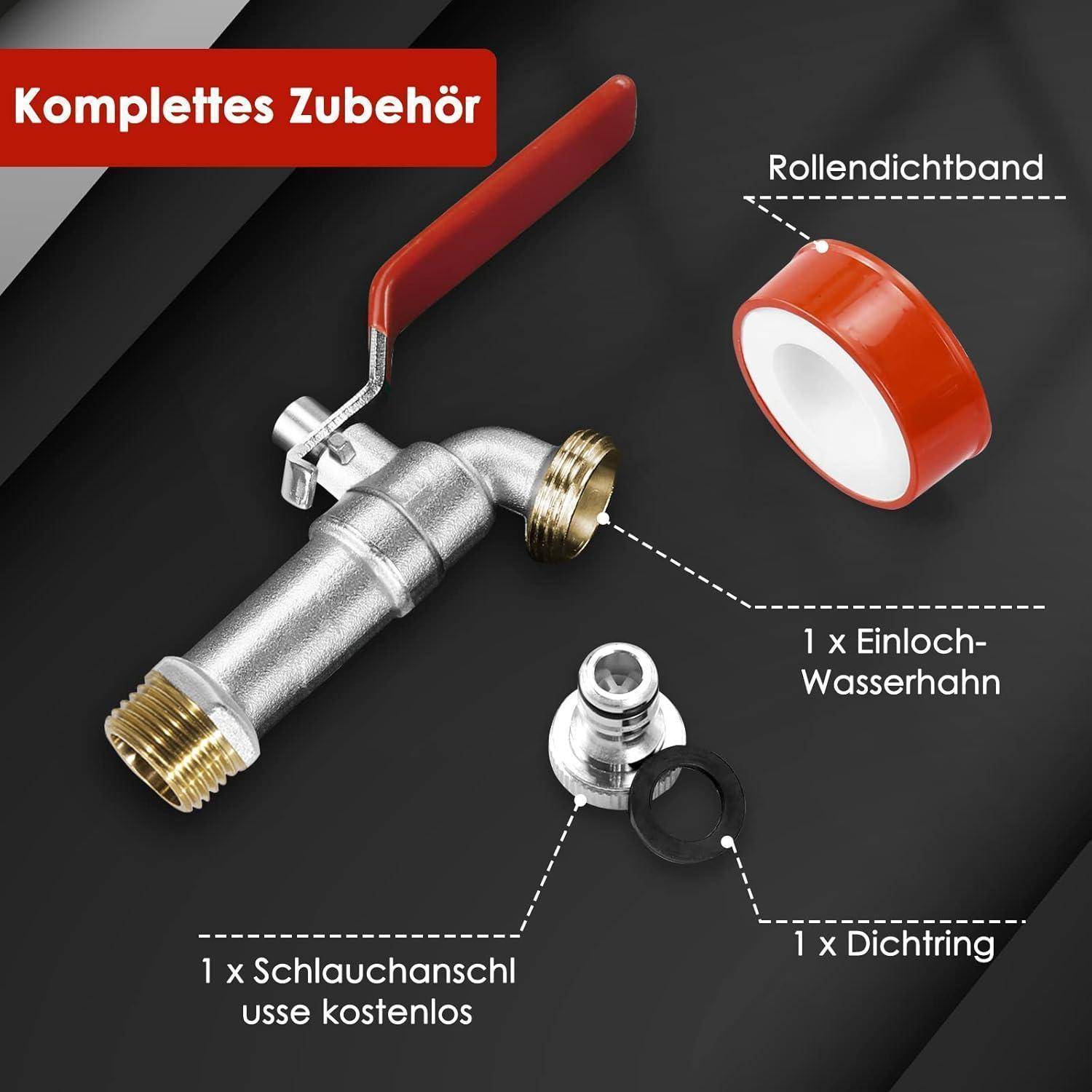 Produktbild mit enthaltenen Zubehörteilen: ein Kugelventil, ein Rollabdichtungsband, ein Schlauchverbinder und eine Dichtung, mit dem deutschen Label „Komplettes Zubehör".