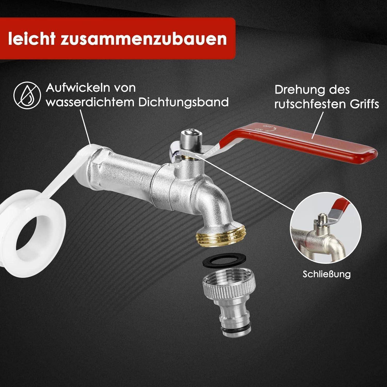 Illustration einer Absperrventilbaugruppe, die die Wicklung von wasserdichtem Dichtungsband, eine rutschfeste Griffdrehung und eine Verschlussfitting mit deutschen Beschriftungen zeigt.