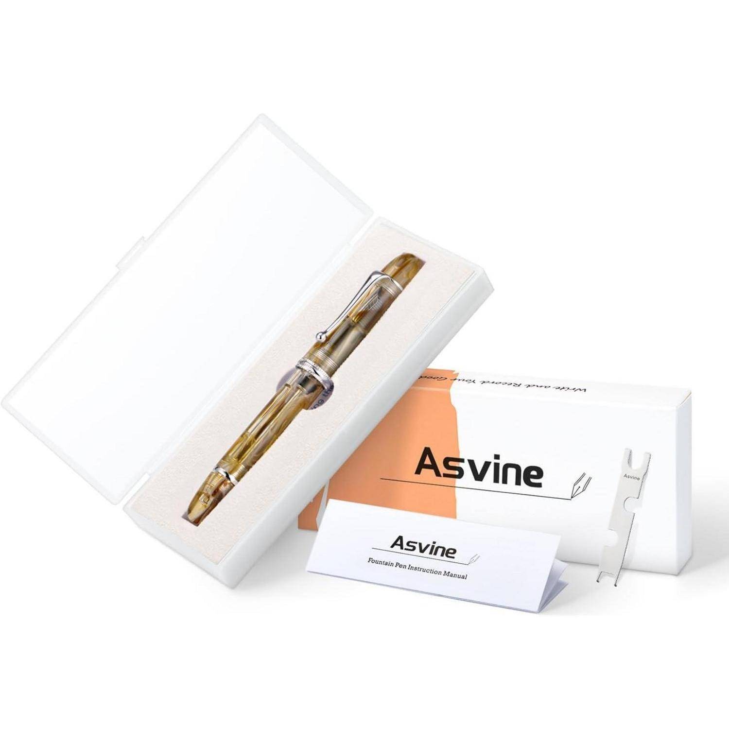 Asvine-Füllhalter in einer Geschenkbox mit Verpackung und einer kleinen Bedienungsanleitung auf weißem Hintergrund.