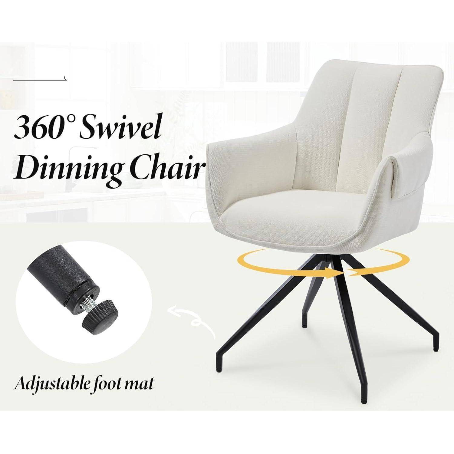 Beiger 360°-Drehstuhl mit schwarzen Metallbeinen und verstellbarer Fußmatte, dargestellt in einer Produktanzeige mit Nahaufnahme der Fußverstellfunktion.