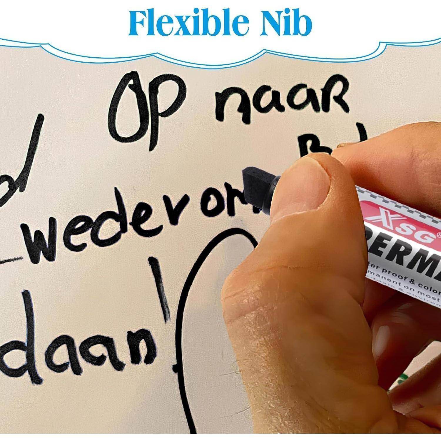 Hand hält einen schwarzen Marker und schreibt niederländischen Text auf ein Whiteboard, das oben mit "Flexible Nib"" beschriftet ist.