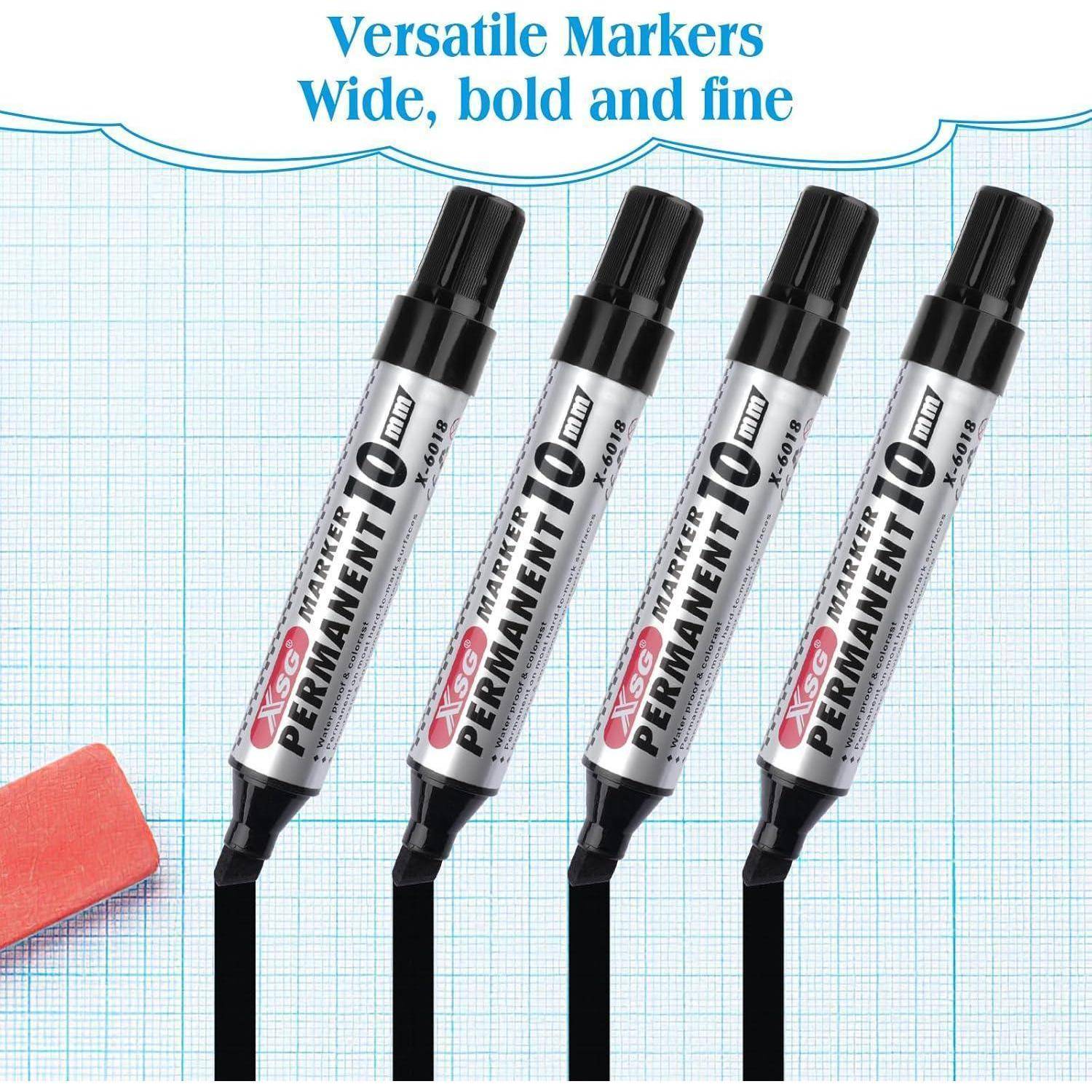 Vier schwarze permanente Marker aufrecht im Winkel auf einem Gitterhintergrund angeordnet, mit der Überschrift „Vielseitige Marker Breit, fett und fein" und einem teilweise sichtbaren roten Radiergummi.