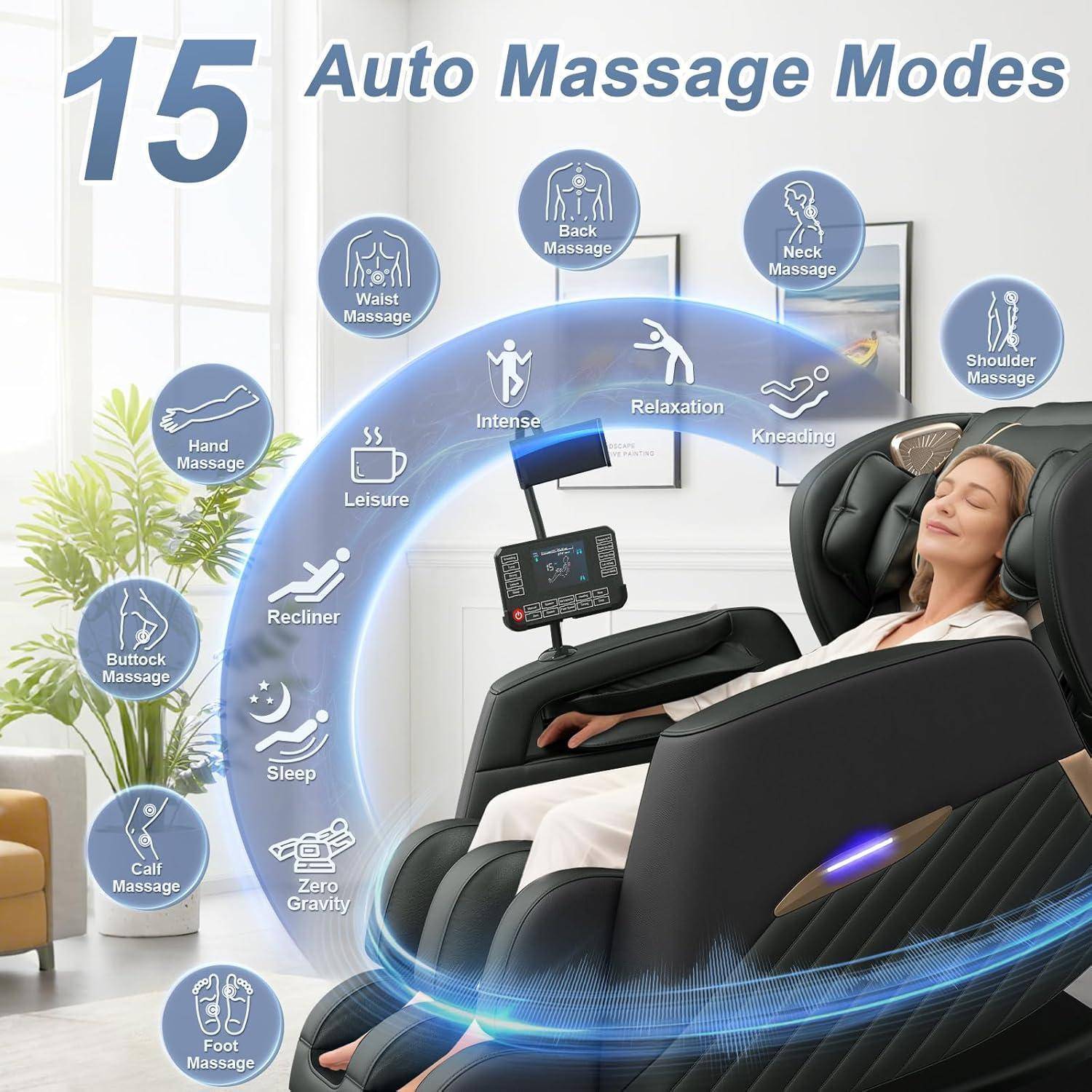 Werbebild eines Massagesessels mit einer entspannten Frau, mit der Aufschrift 
