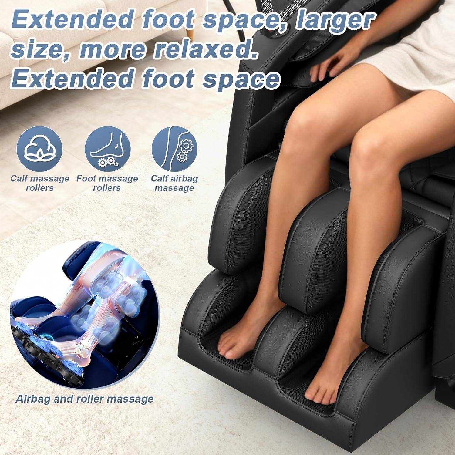 Werbebild eines Auto-Massagesitzes mit erweitertem Fußraum und Airbag- und Rollen-Beinmassage mit Symbolen für Waden-, Fuß- und Wadenenluftbeutel-Massage.