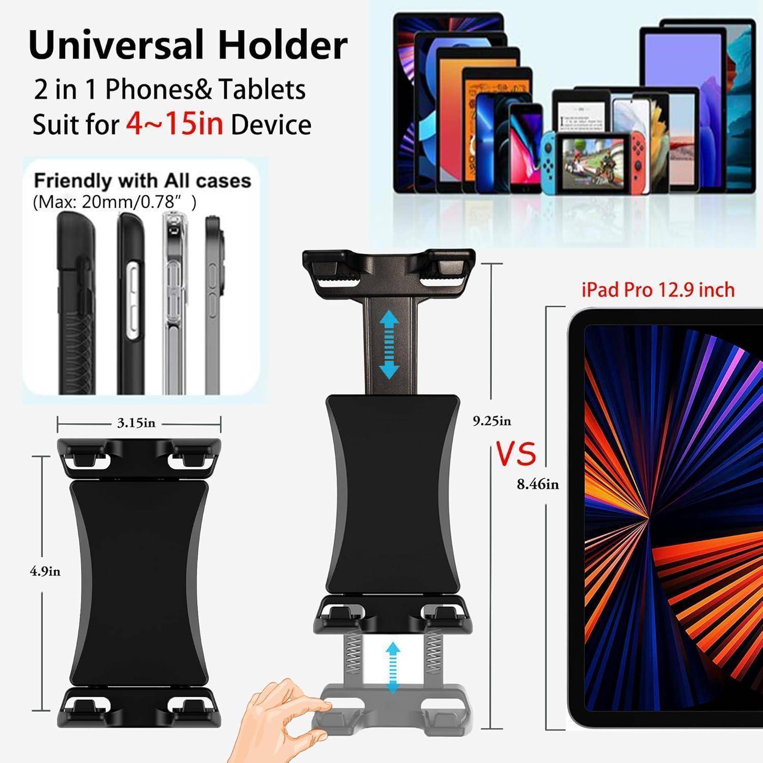 Produktinfografik für eine universelle Tablet-/Telefonhalterung für 4-15 Zoll Geräte, verstellbar in Höhe und Breite, kompatibel mit Schutzhüllen; Abmessungen im Vergleich mit einem iPad Pro 12,9 Zoll.